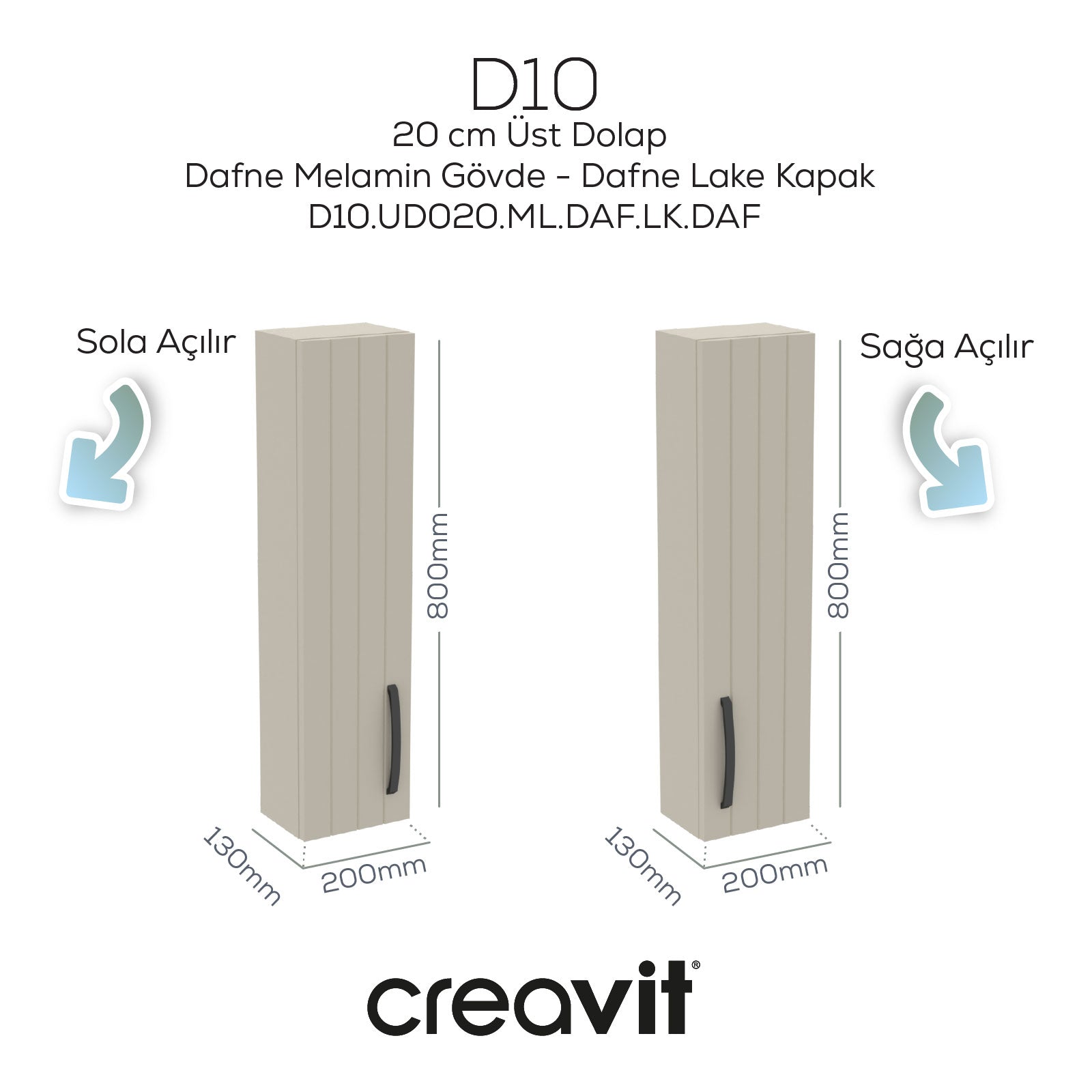 D10 20 cm Sol Üst Dolap Dafne Melamin Gövde Lake Kapak