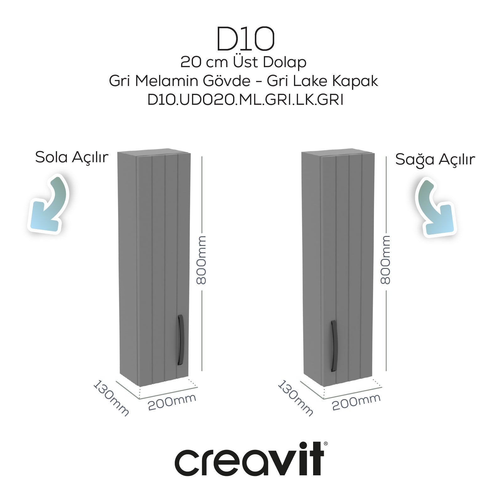 D10 20 cm Sol Üst Dolap Gri Melamin Gövde Lake Kapak