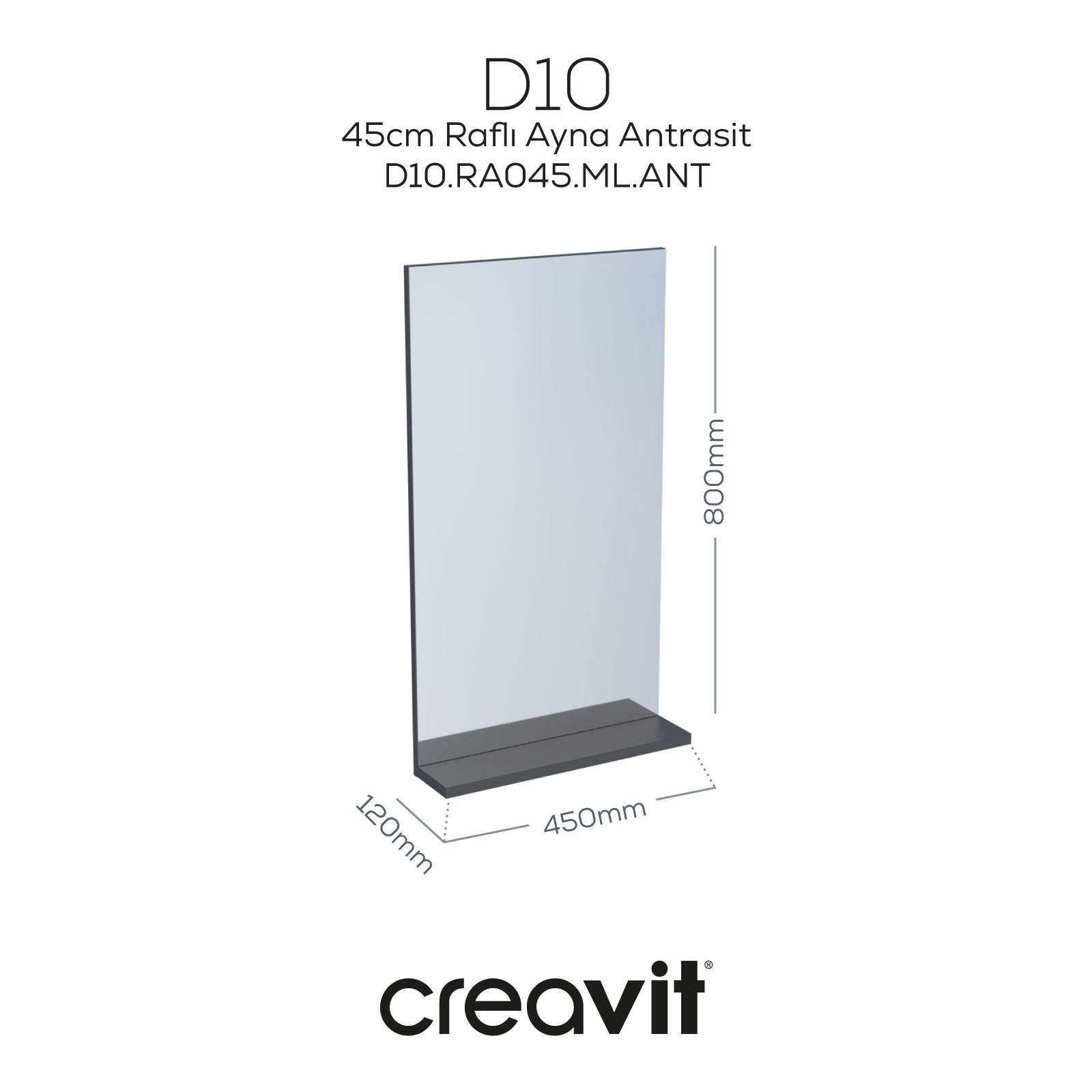 D10 45 cm Melamin Raflı Ayna Antrasit