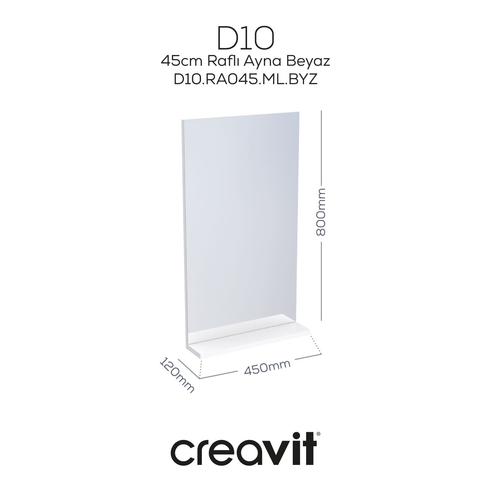 D10 45 cm Melamin Raflı Ayna Beyaz