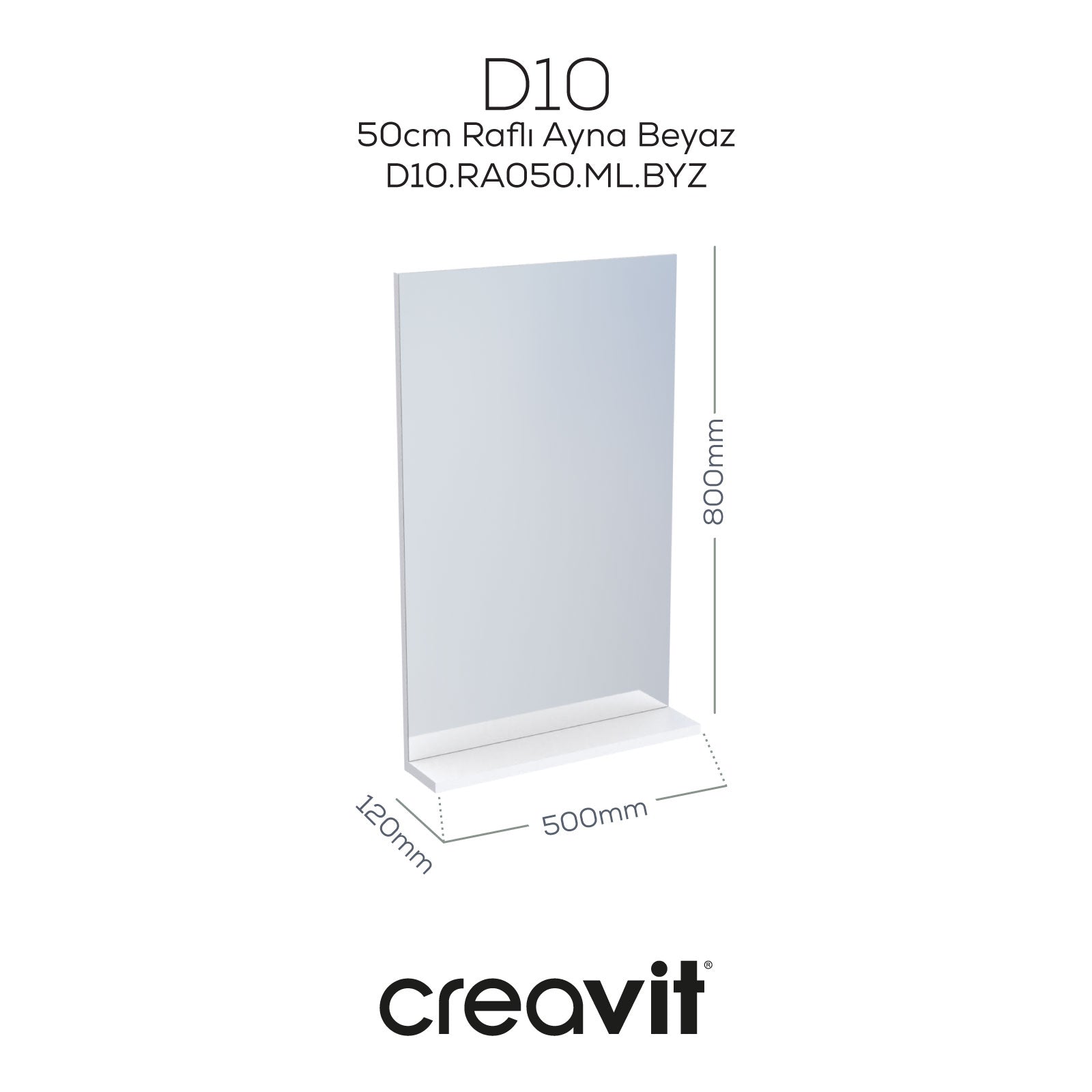D10 50 cm Melamin Raflı Ayna Beyaz