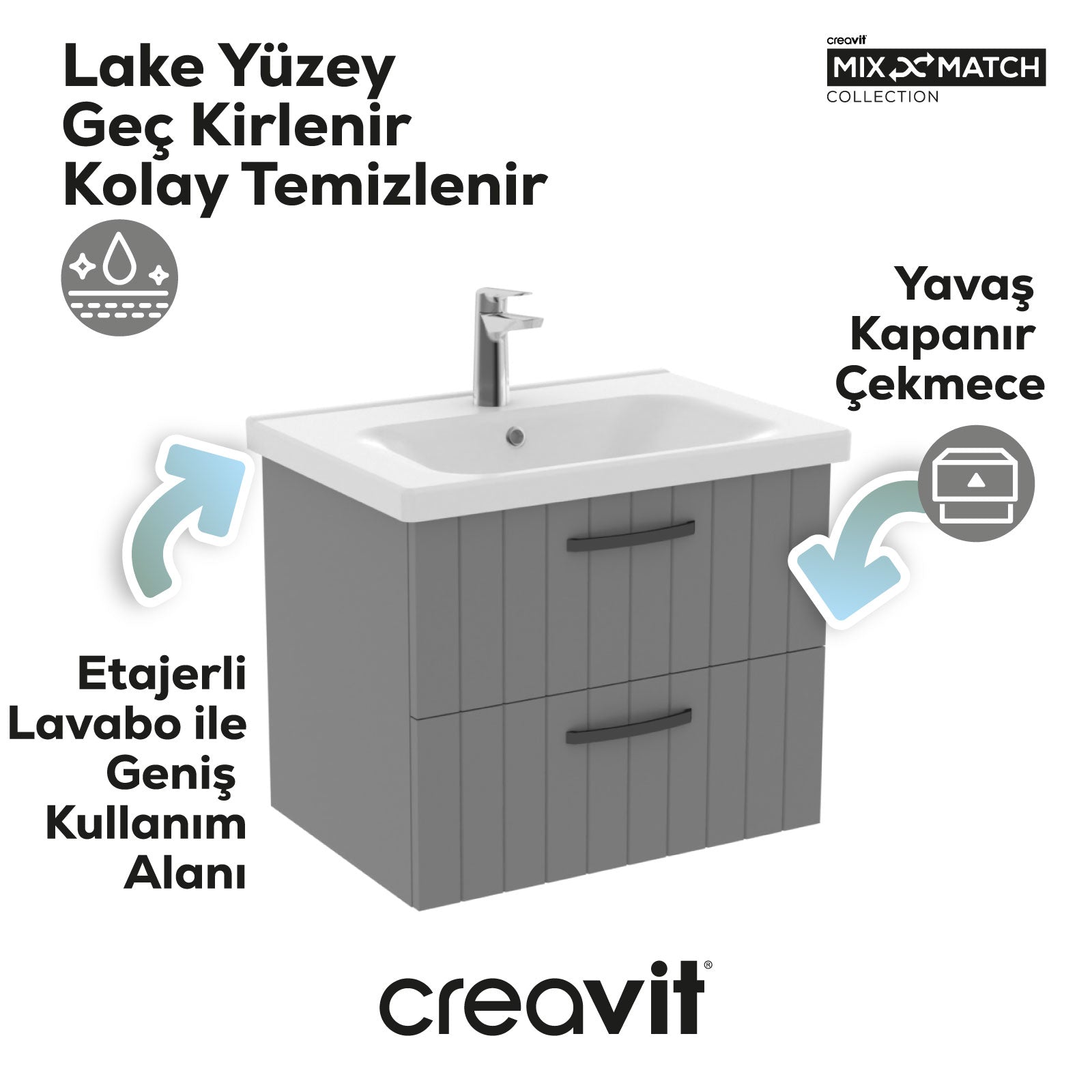 D10 Eksen Lavabo Dolabı İki Çekmeceli Melamin Gri Gövde Lake Gri Kapak