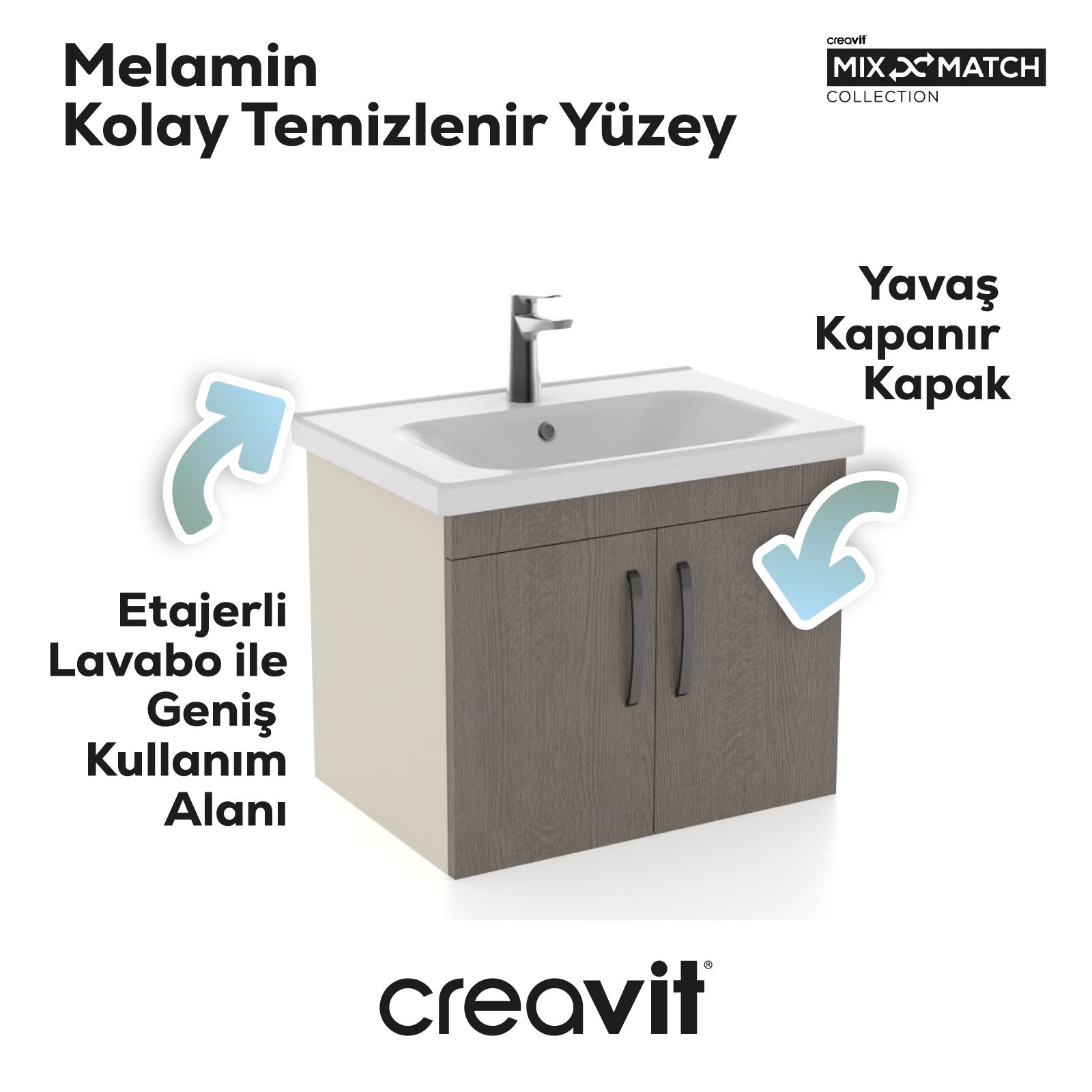 D10 65cm Eksen Lavabo Dolabı Kapaklı Melamin Dafne Gövde Melamin Antrasit Meşe Kapak