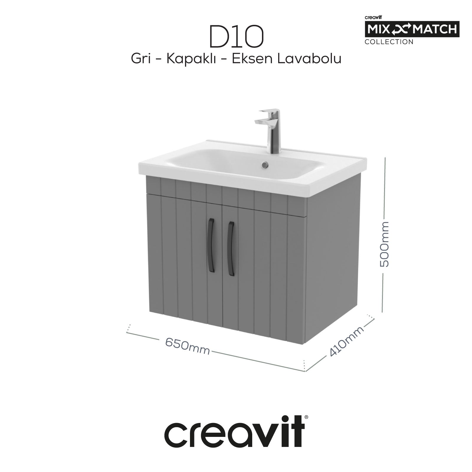 D10 65 Cm Kapaklı Lavabo Dolabı Melamin Gri Gövde Lake Gri Kapak