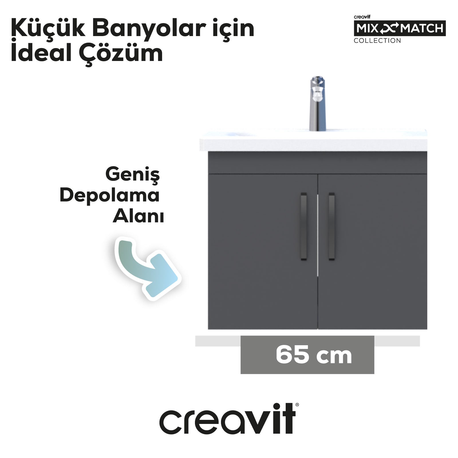 D10 65 Cm Kapaklı Lavabo Dolabı Melamin Gri Gövde Melamin Antrasit Kapak