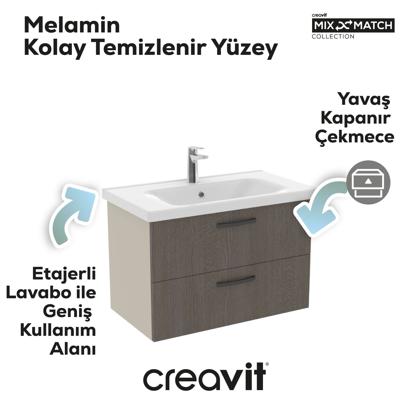 D10 80 Cm İki Çekmeceli Lavabo Dolabı Melamin Dafne Melamin Meşe Kapak