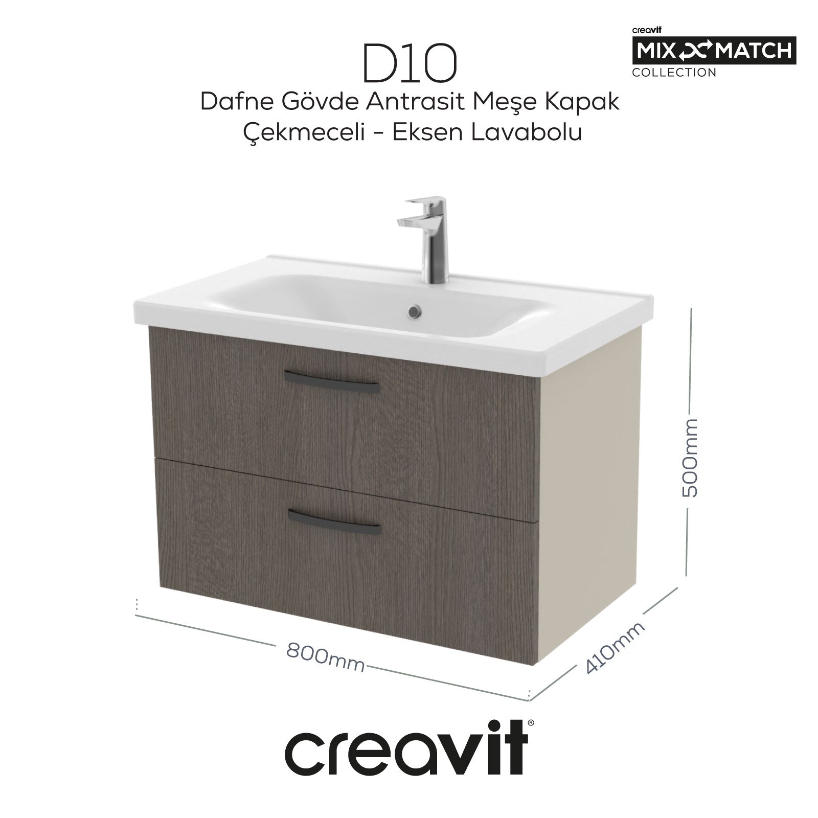 D10 80 Cm İki Çekmeceli Lavabo Dolabı Melamin Dafne Melamin Meşe Kapak