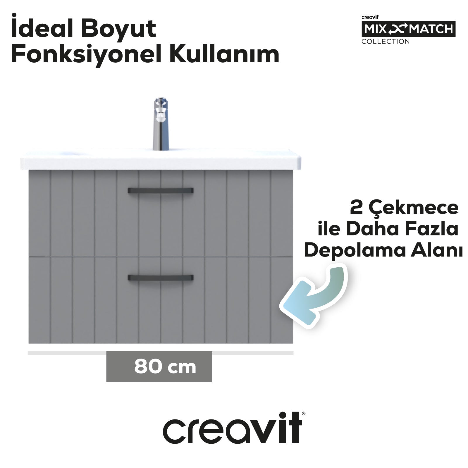 D10 80 Cm İki Çekmeceli Lavabo Dolabı Melamin Gövde Gri Lake Kapak