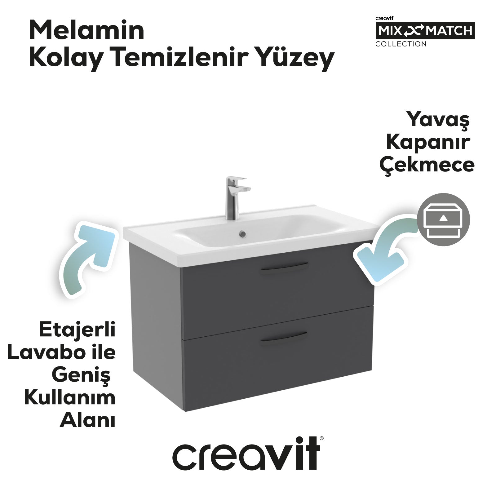 D10 80 Cm İki Çekmeceli Lavabo Dolabı Melamin Grı Gövde Melamin Antrasit Kapak