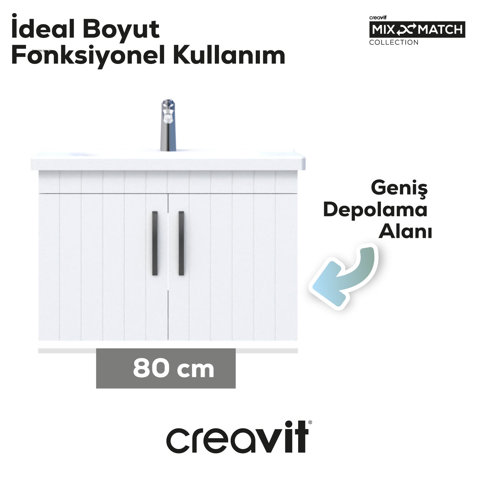 D10 80 Cm Kapaklı Lavabo Dolabı Melamin Gövde Beyaz Lake Kapak