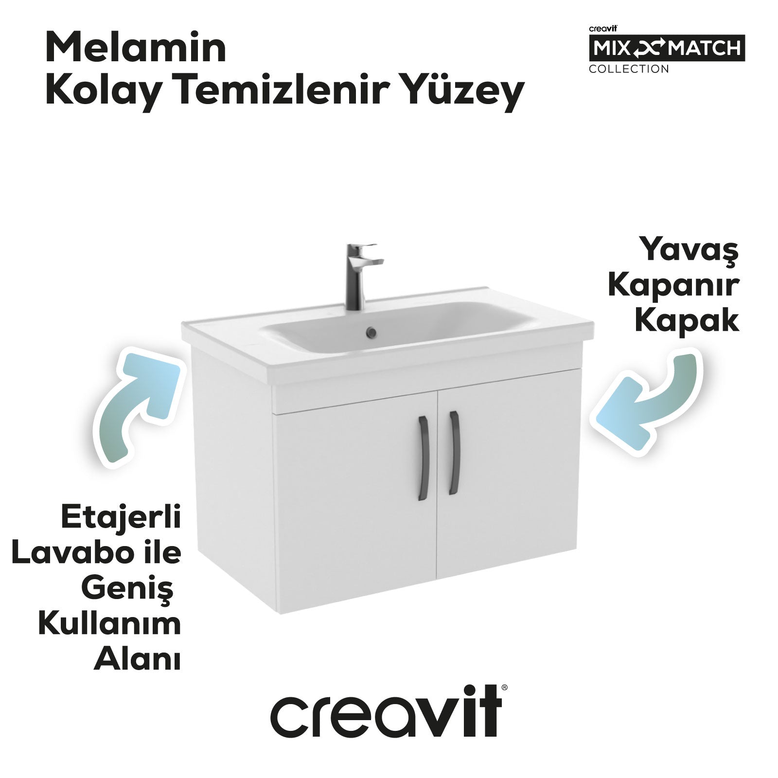 D10 80 Cm Kapaklı Lavabo Dolabı Melamin Gövde Melamin Kapak Beyaz