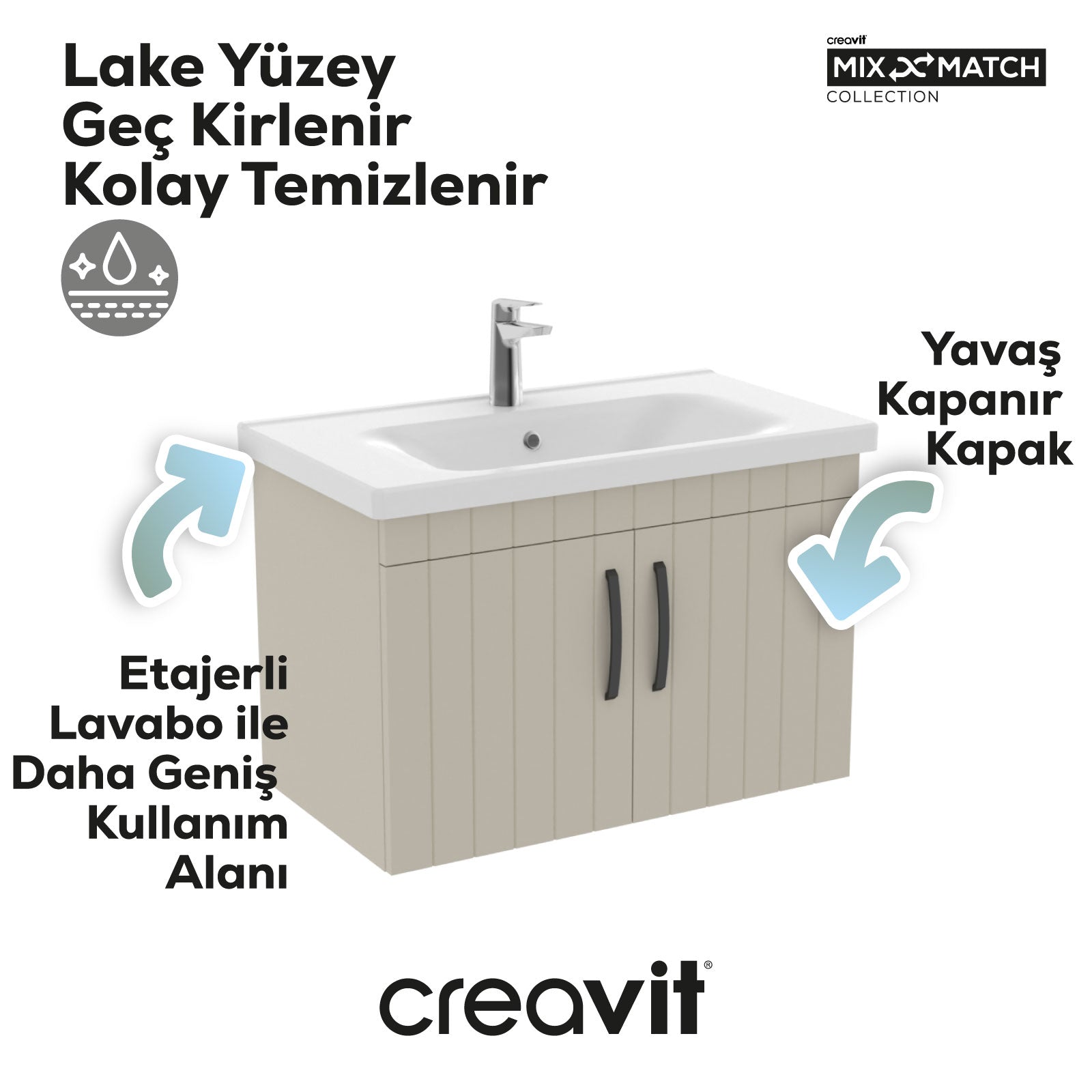 D10 80 Cm Kapaklı Lavabo Dolabı Melamin Gövde Dafne Lake Kapak
