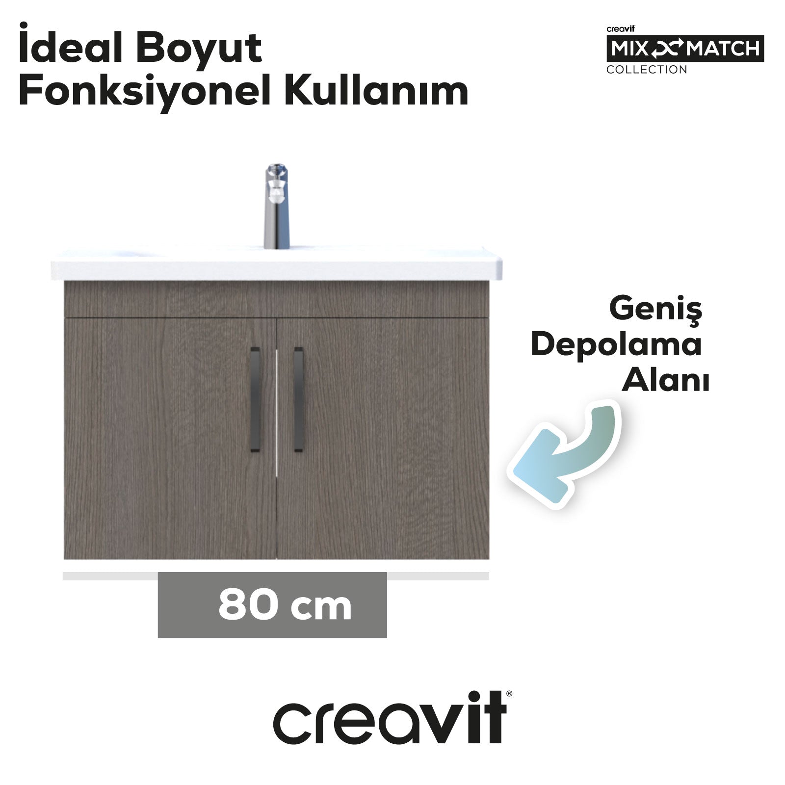D10 80 Cm Kapaklı Lavabo Dolabı Melamin Dafne Gövde Melamin Meşe Kapak