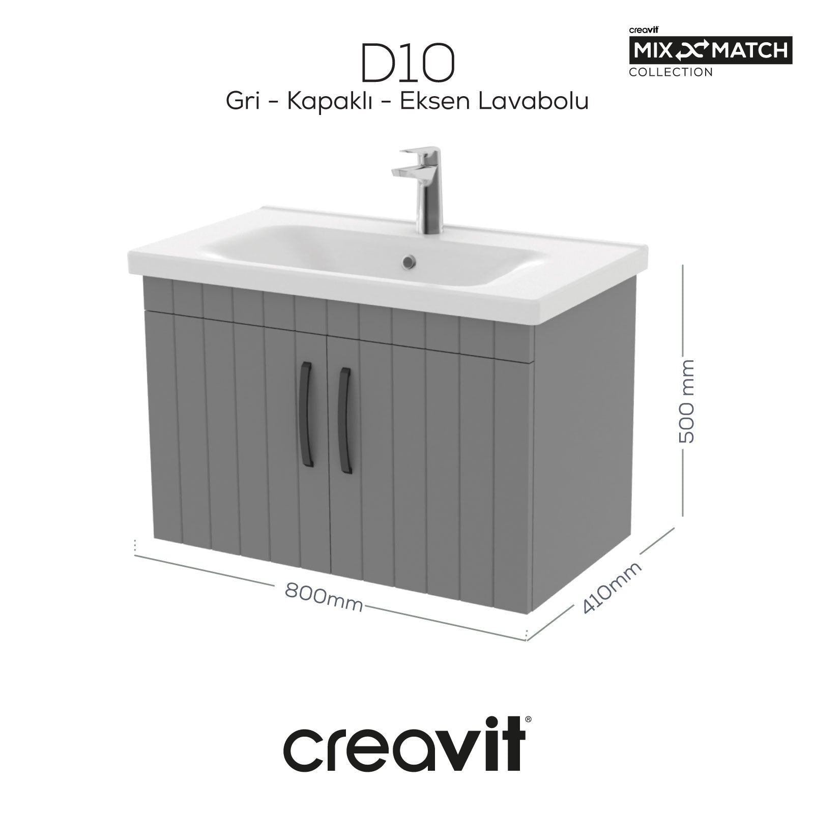 D10 80 Cm Kapaklı Lavabo Dolabı Melamin Gövde Gri Lake Kapak