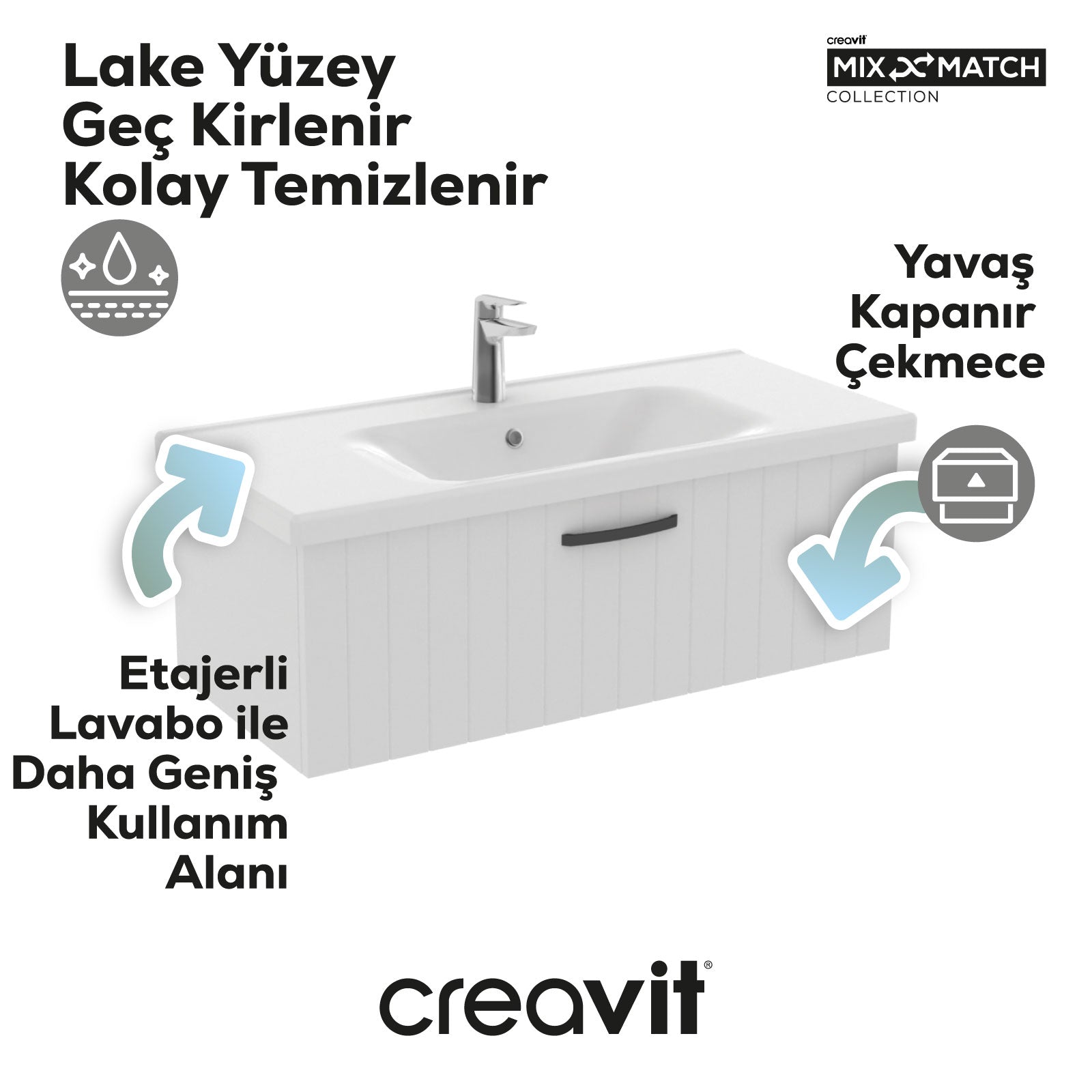 D10 Eksen Lavabo Dolabı Çekmeceli 100 cm Beyaz Lake Kapak