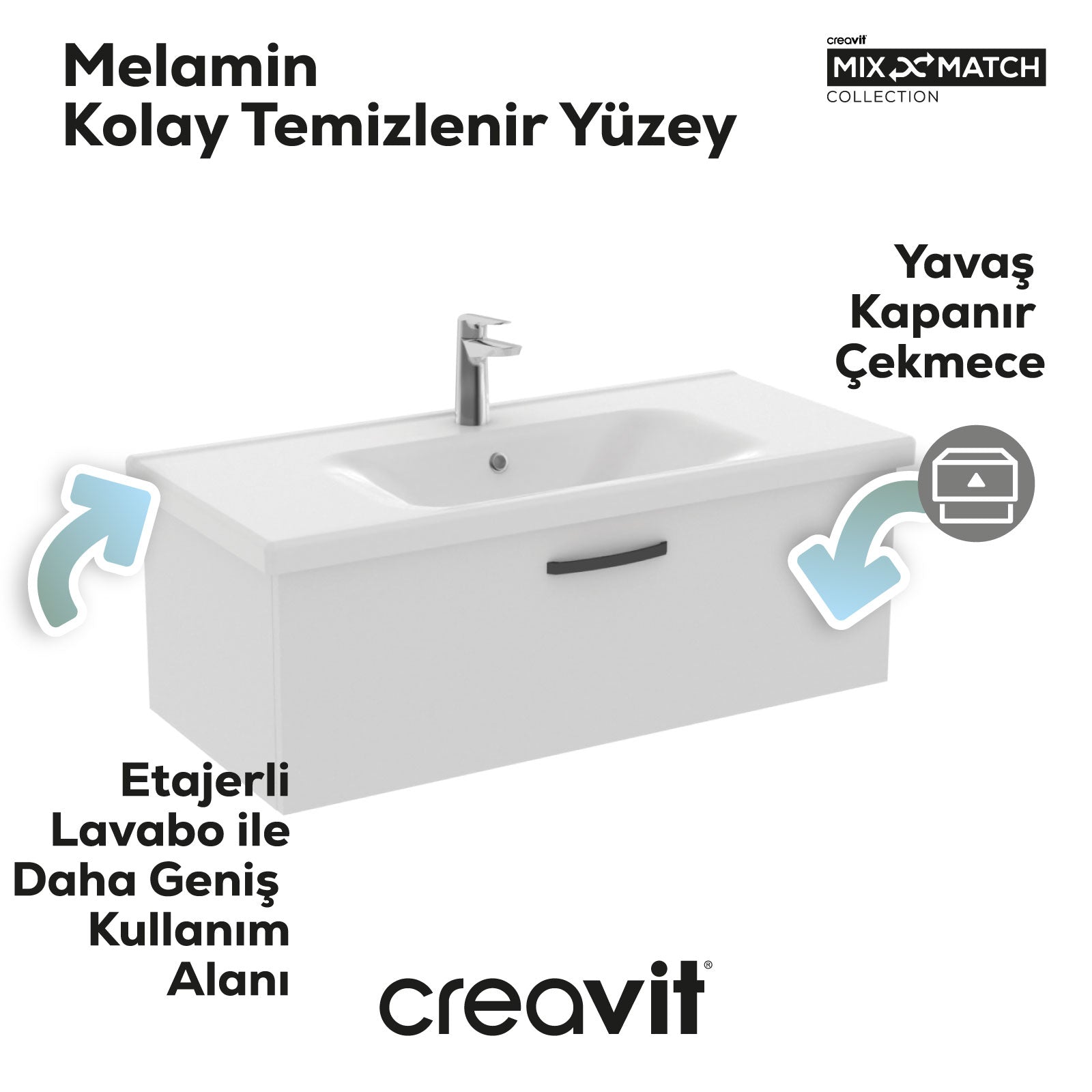 D10 Eksen Lavabo Dolabı Çekmeceli 100 cm Beyaz Melamin