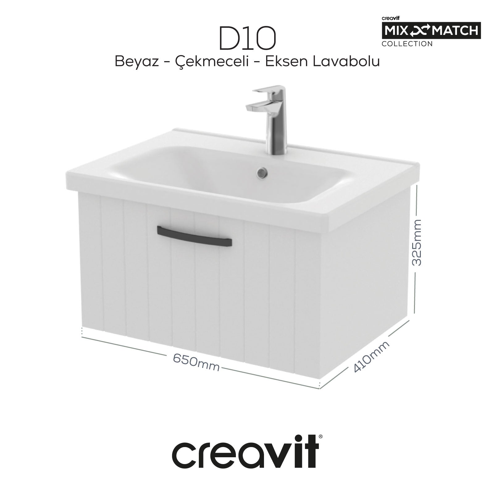 D10 Eksen Lavabo Dolabı Çekmeceli 65 cm Beyaz Lake Kapak