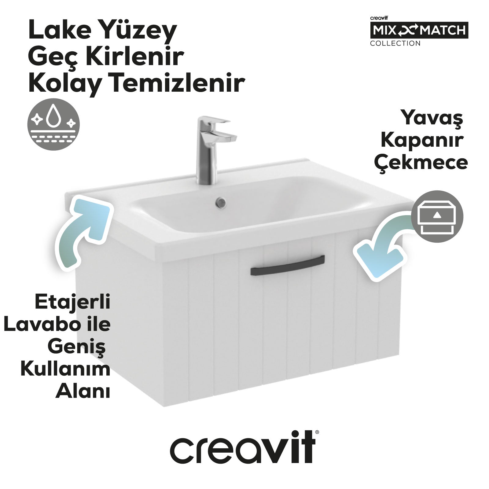 D10 Eksen Lavabo Dolabı Çekmeceli 65 cm Beyaz Lake Kapak