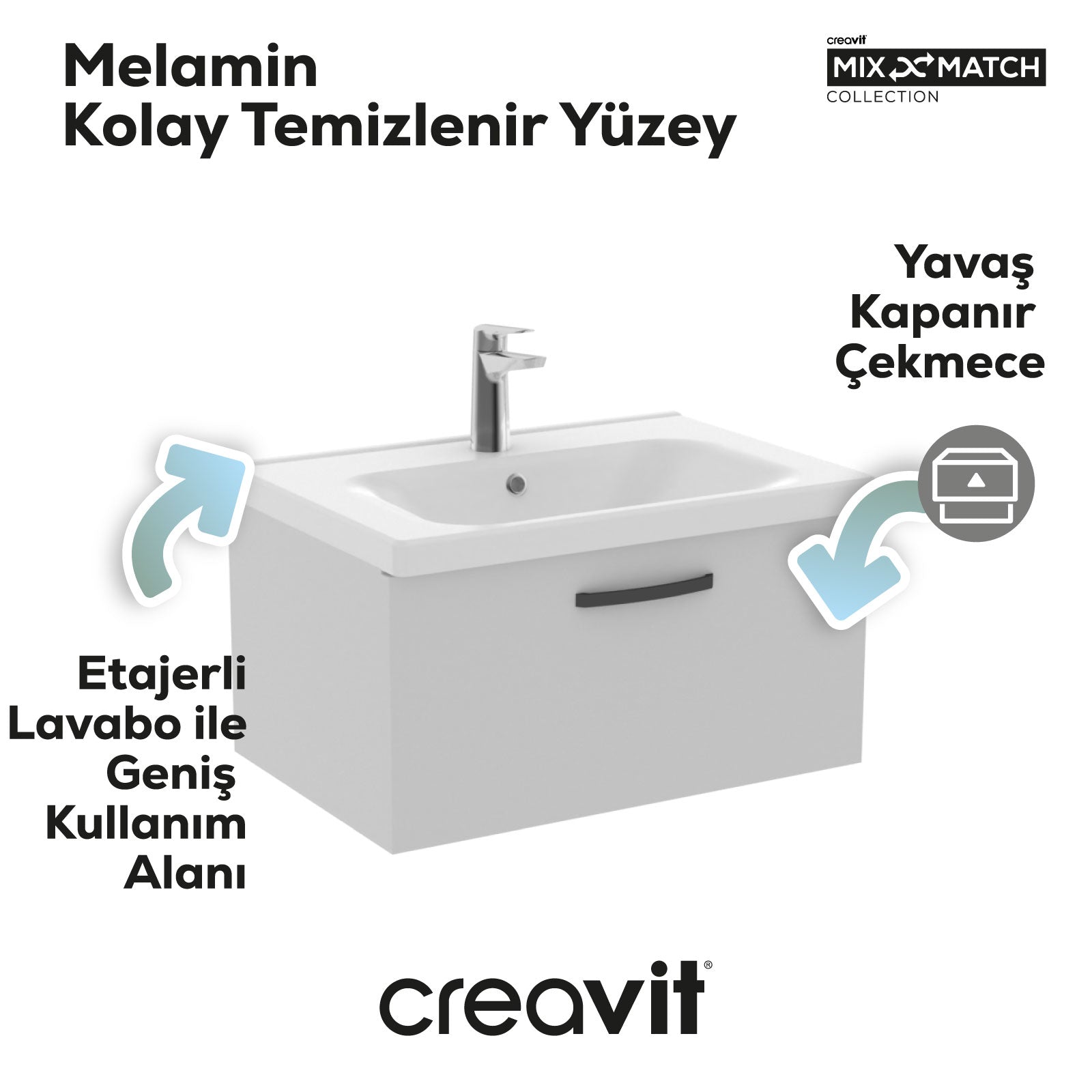 D10 Eksen Lavabo Dolabı Çekmeceli 65 cm Beyaz Melamin Kapak