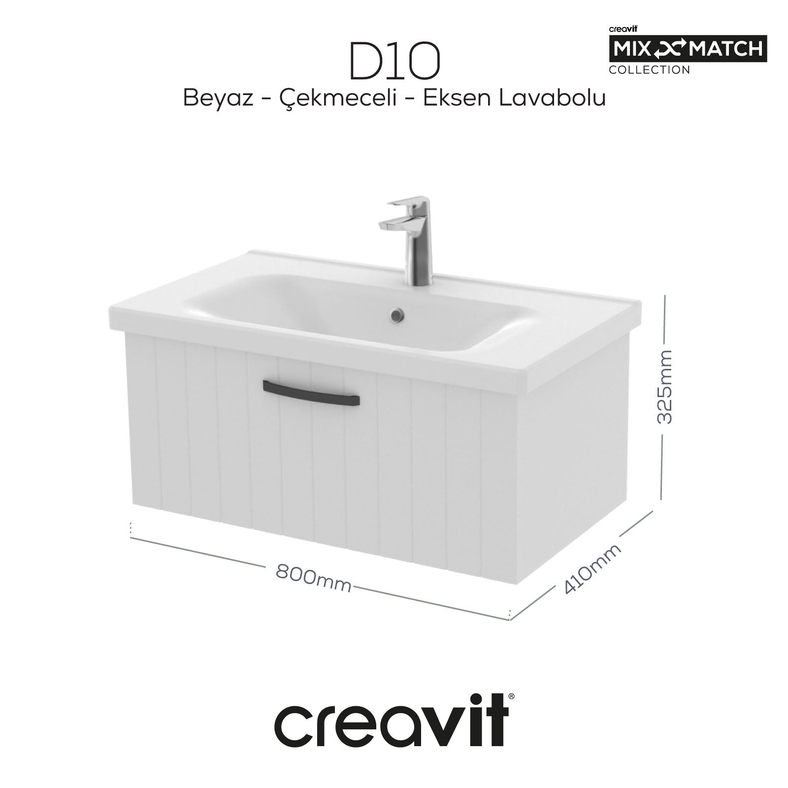 D10 Eksen Lavabo Dolabı Çekmeceli 80 cm Beyaz Lake