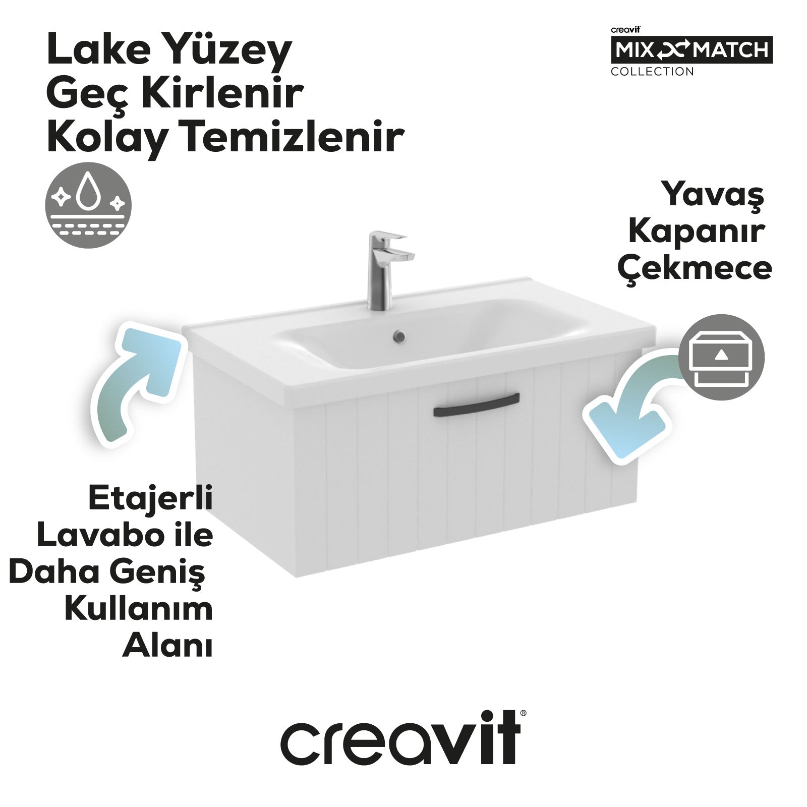 D10 Eksen Lavabo Dolabı Çekmeceli 80 cm Beyaz Lake kapak