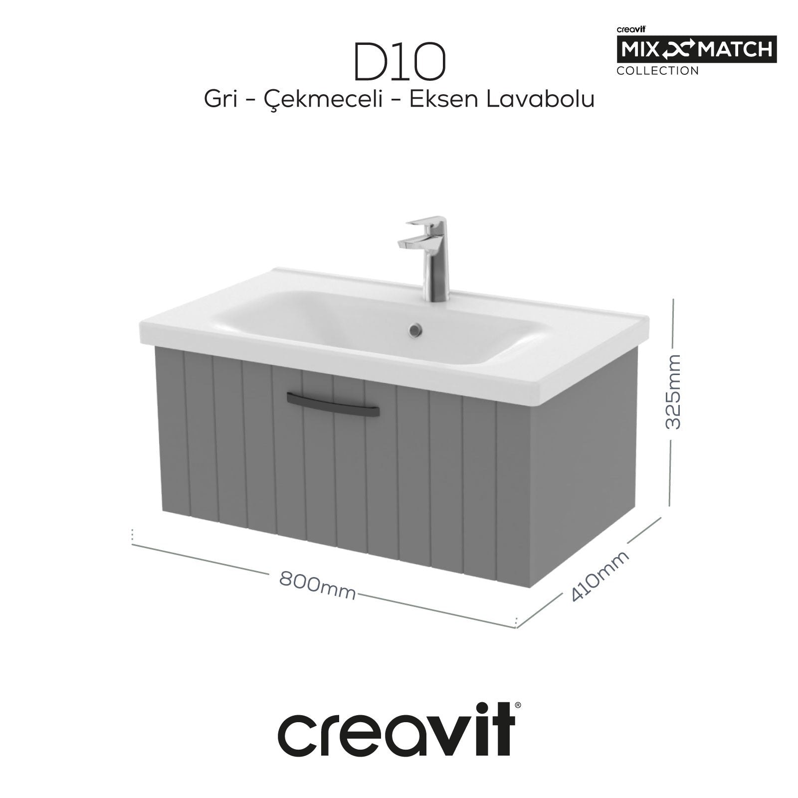 D10 Eksen Lavabo Dolabı Çekmeceli 80 cm Gri Lake