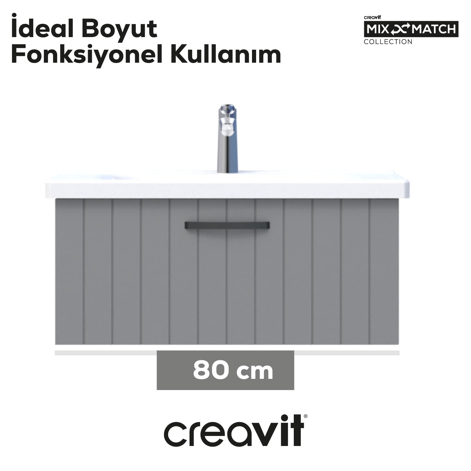 D10 Eksen Lavabo Dolabı Çekmeceli 80 cm Gri Lake Kapak