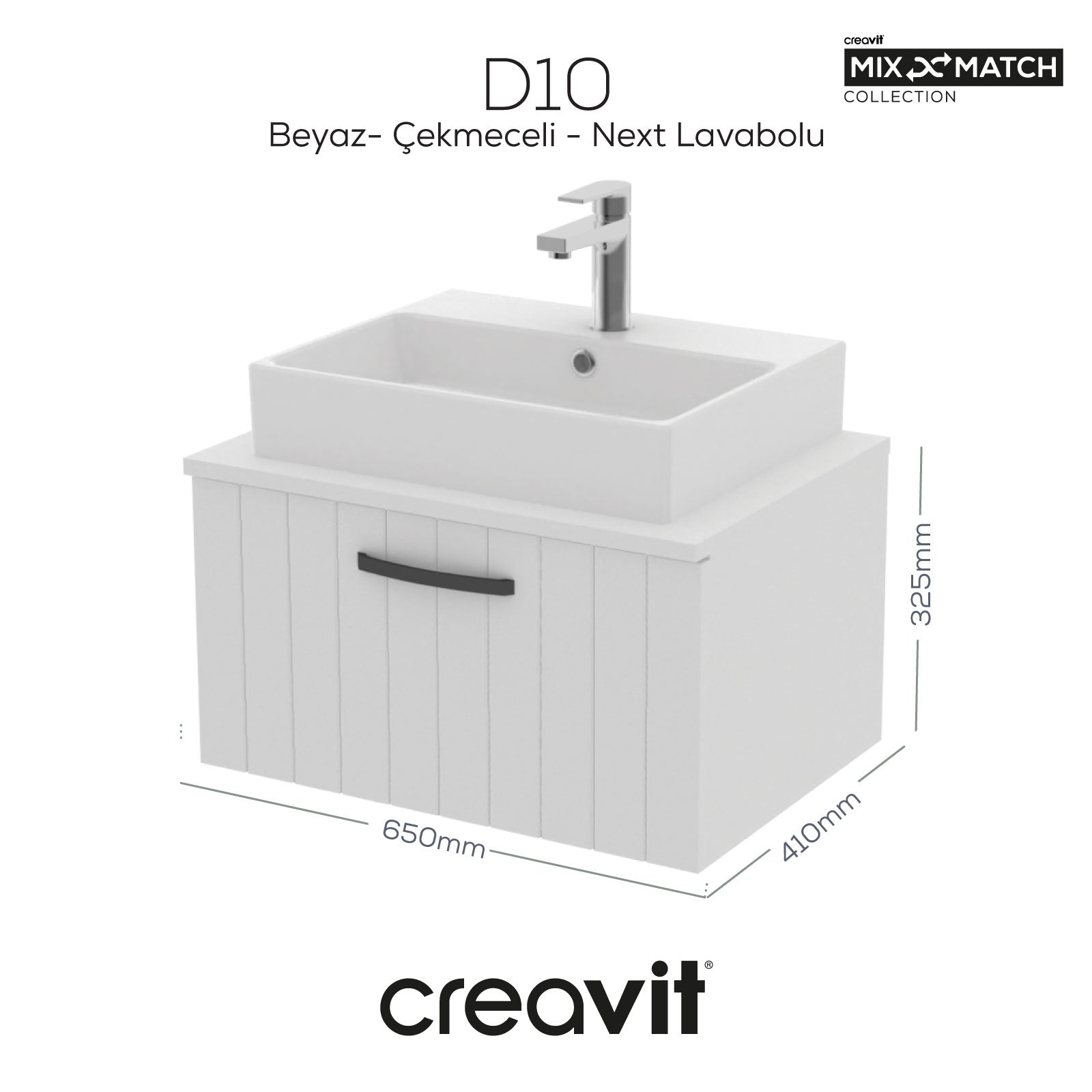 D10 Next Lavabo Dolabı Çekmeceli 65 cm Beyaz Lake Kapak