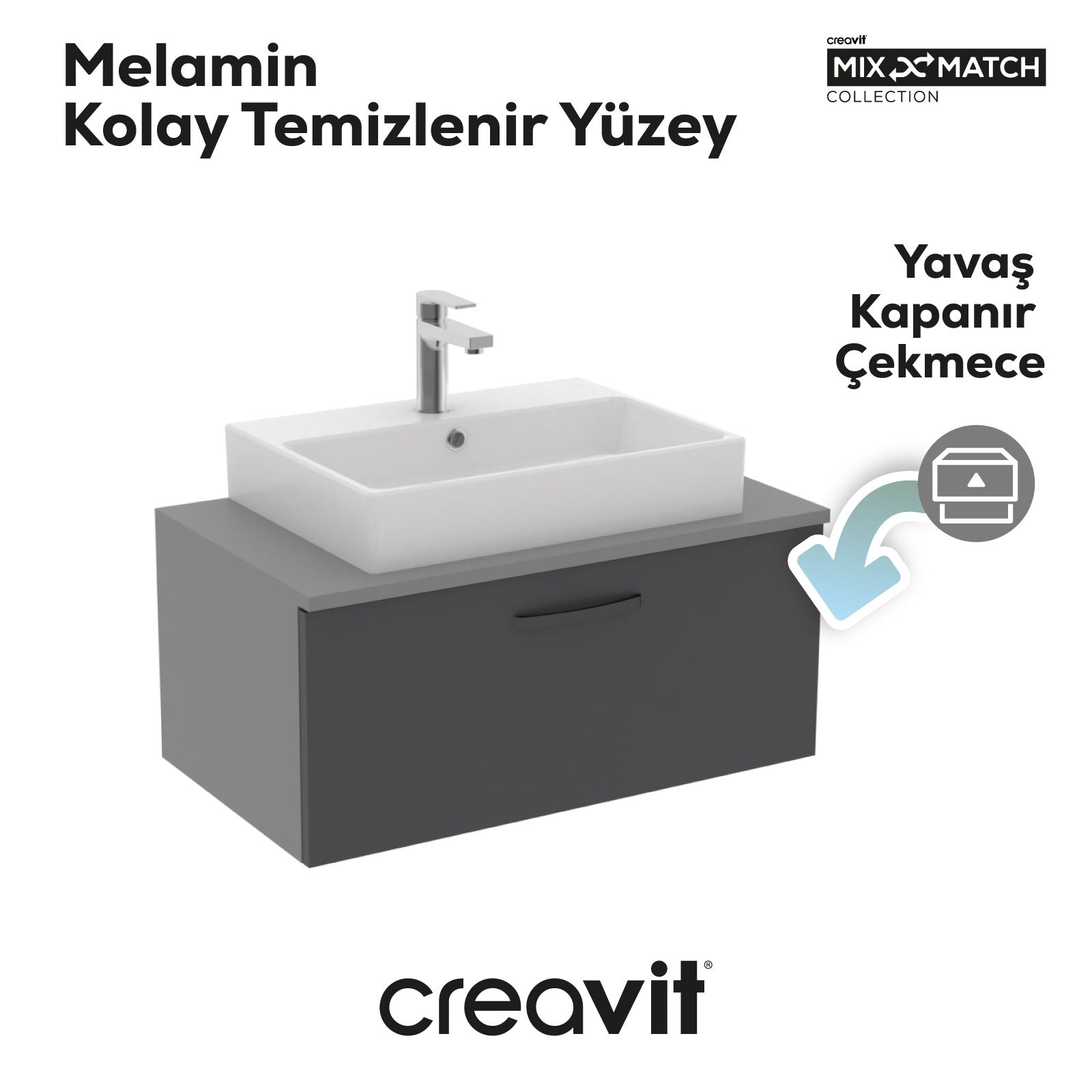 D10 Next Lavabo Dolabı Çekmeceli 80 cm Gri Gövde Antrasit Kapak