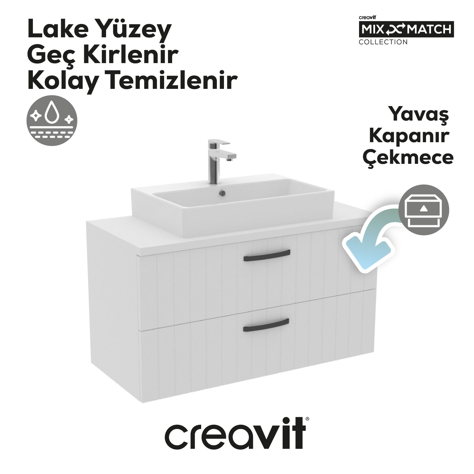 D10 Next Lavabo Dolabı İki Çekmeceli 100 cm Beyaz Gövde Lake Kapak