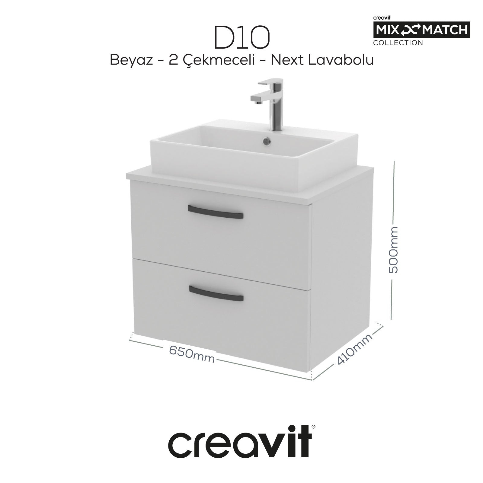 D10 Next Lavabo Dolabı İki Çekmeceli 65 cm Beyaz