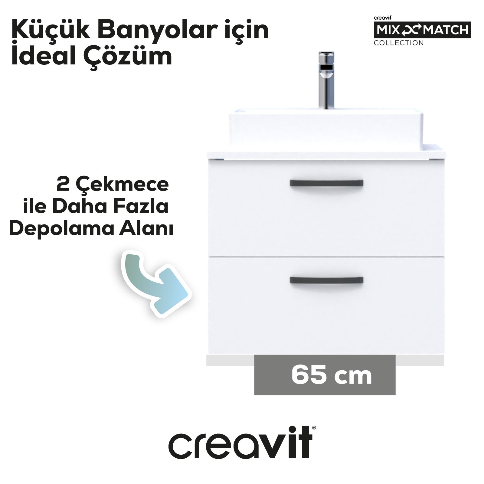 D10 Next Lavabo Dolabı İki Çekmeceli 65 cm Beyaz