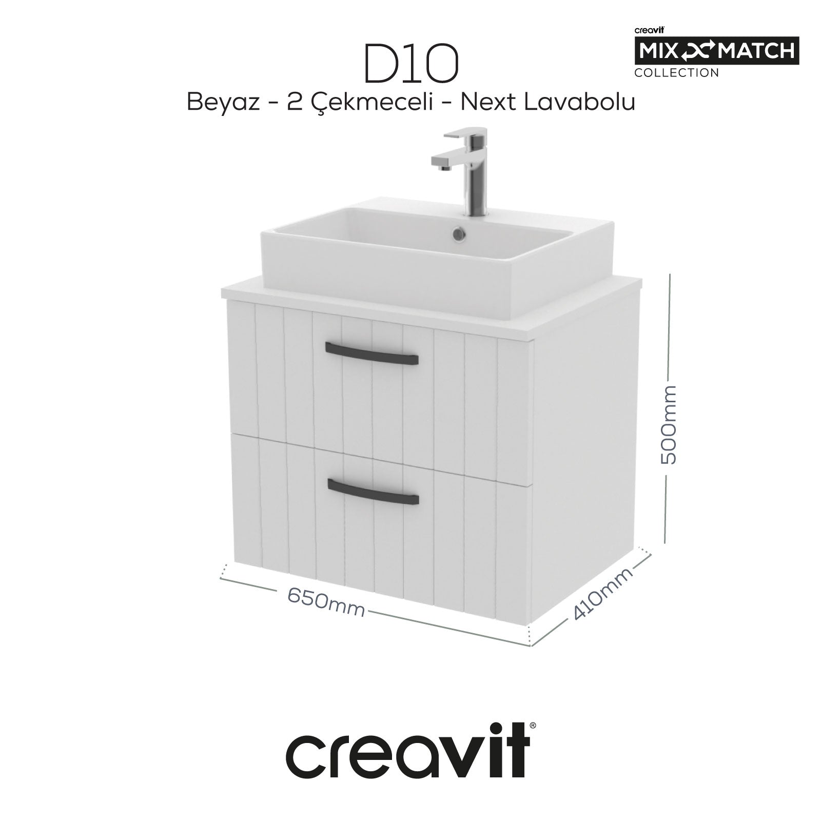 D10 Next Lavabo Dolabı İki Çekmeceli 65 cm Beyaz Lake Kapak