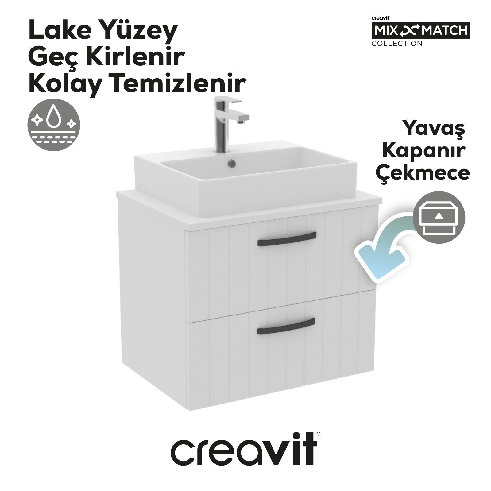 D10 Next Lavabo Dolabı İki Çekmeceli 65 cm Beyaz Lake Kapak