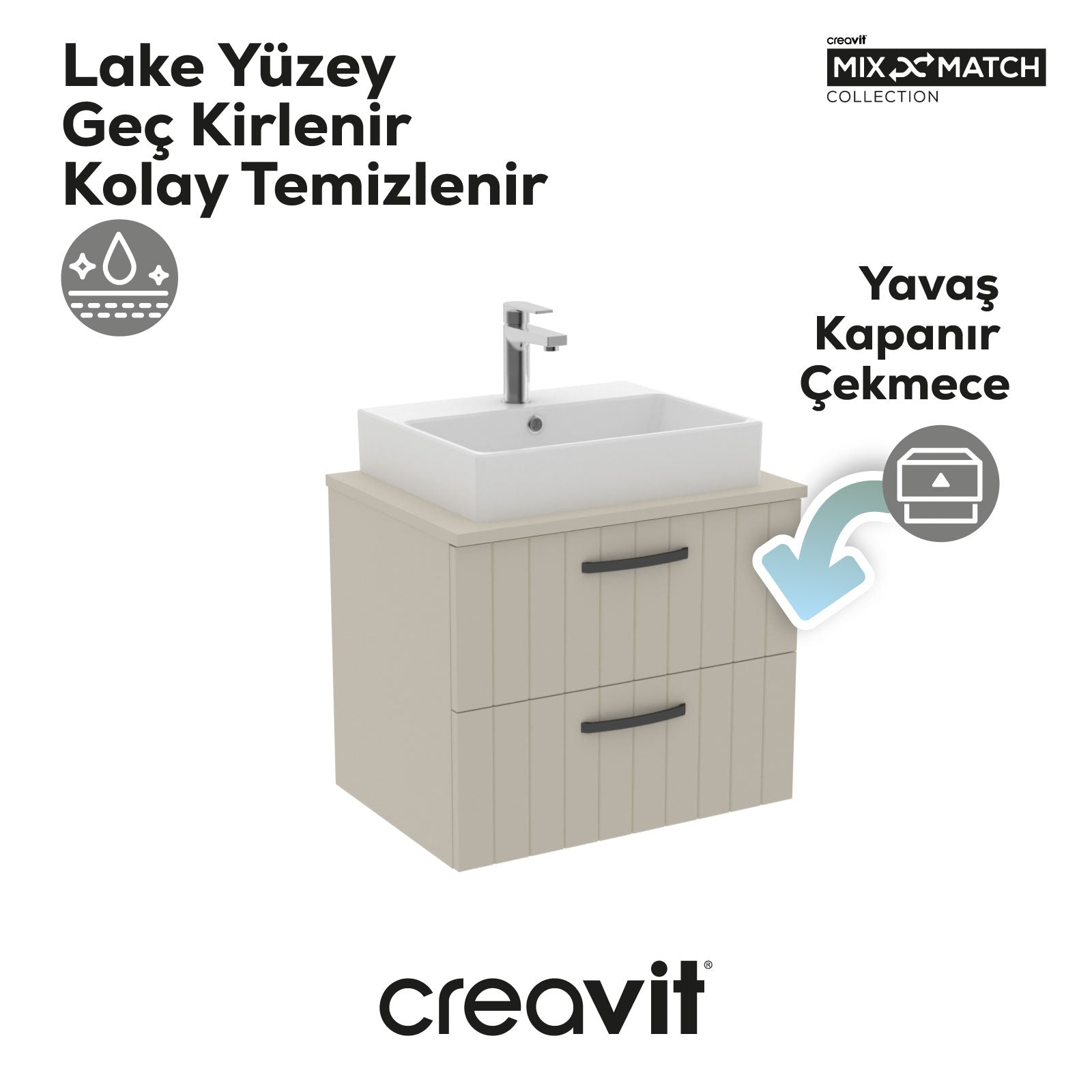 D10 Next Lavabo Dolabı İki Çekmeceli 65 cm Dafne Lake Kapak