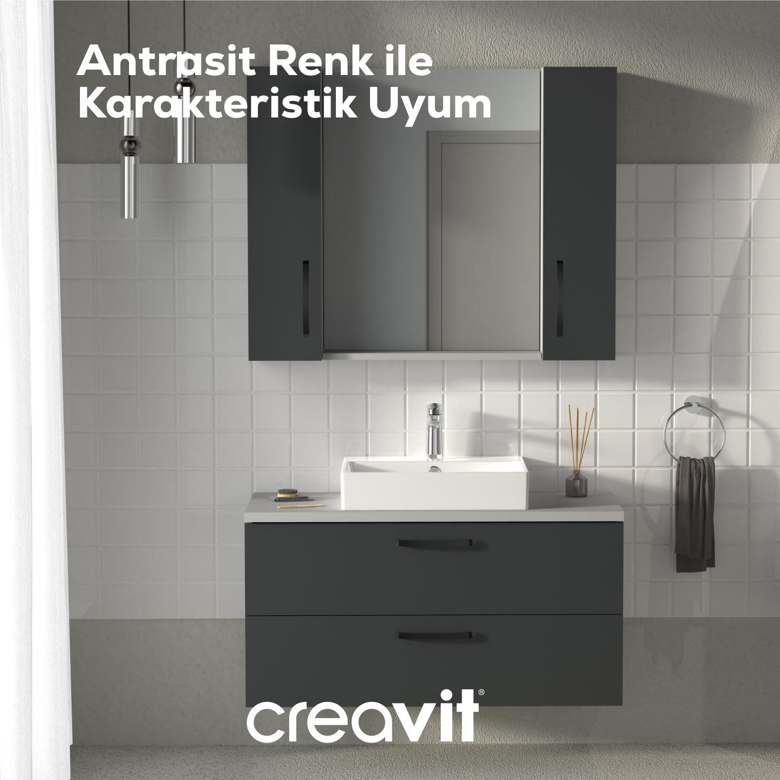 D10 Next Lavabo Dolabı İki Çekmeceli 65 cm Gri Gövde Antrasit Kapak