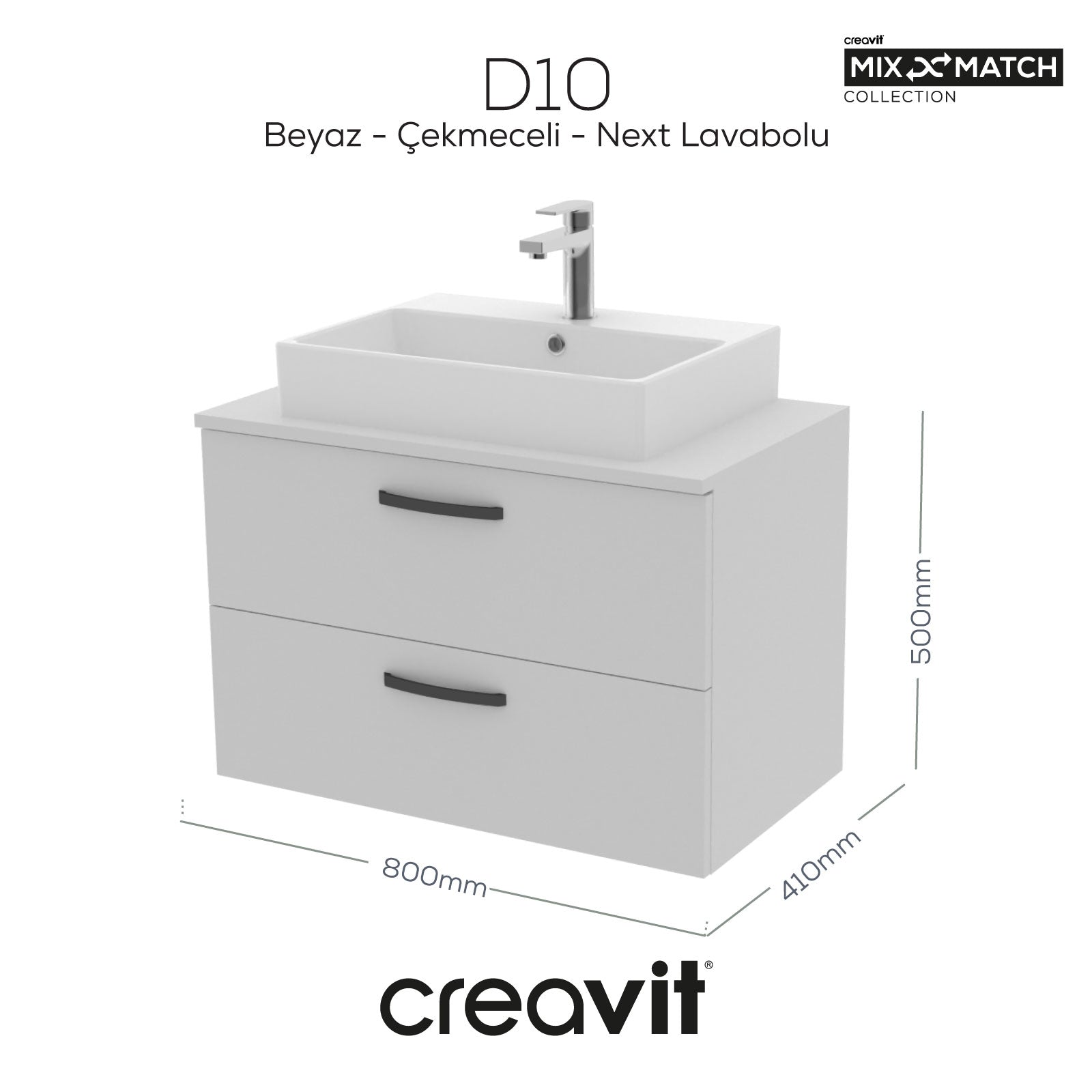 D10 Next Lavabo Dolabı İki Çekmeceli 80 cm Beyaz