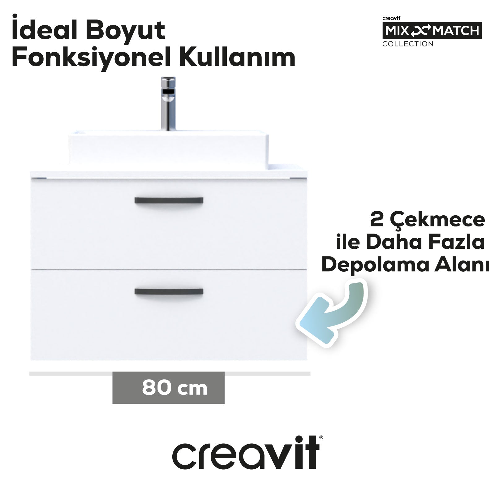 D10 Next Lavabo Dolabı İki Çekmeceli 80 cm Beyaz