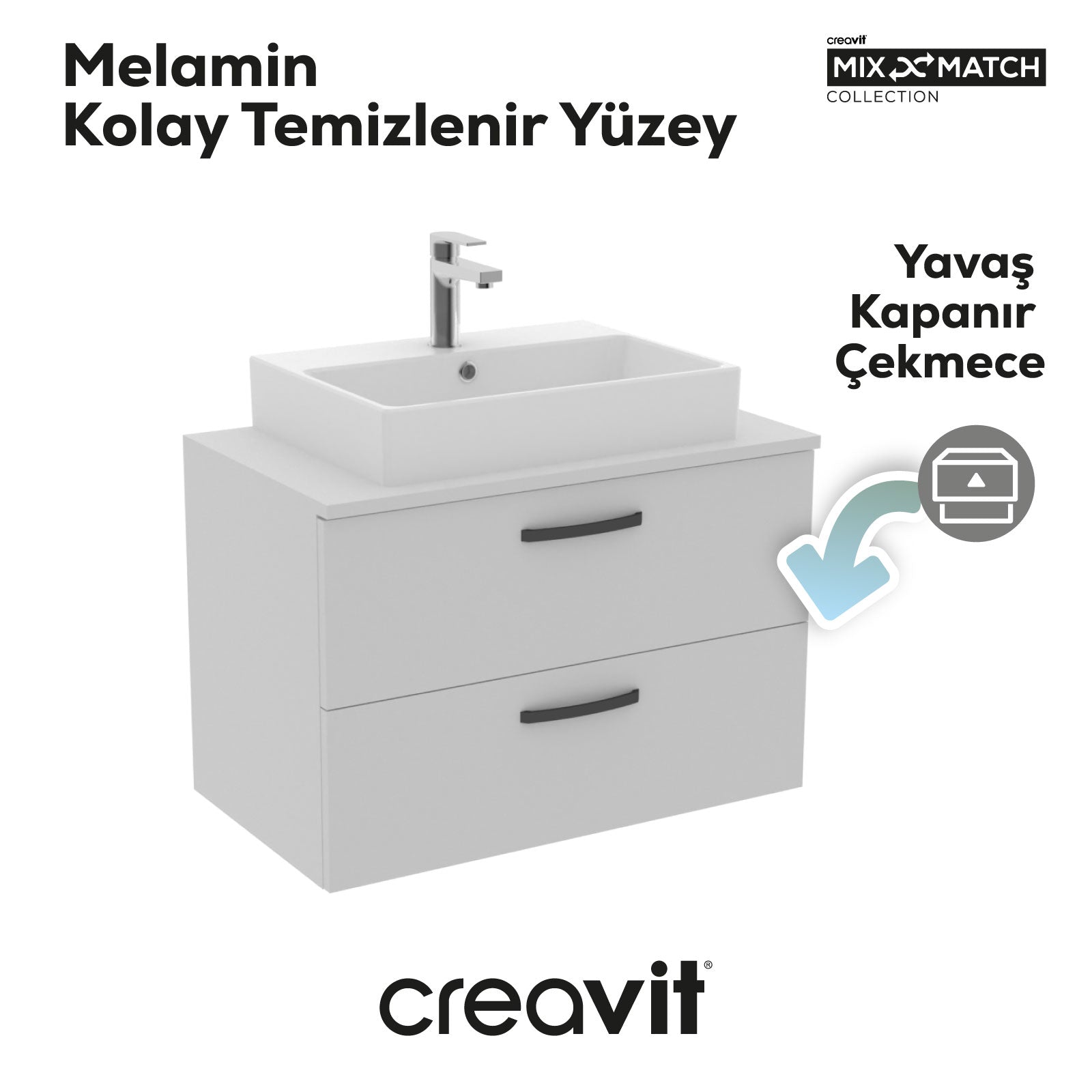 D10 Next Lavabo Dolabı İki Çekmeceli 80 cm Beyaz Kapak