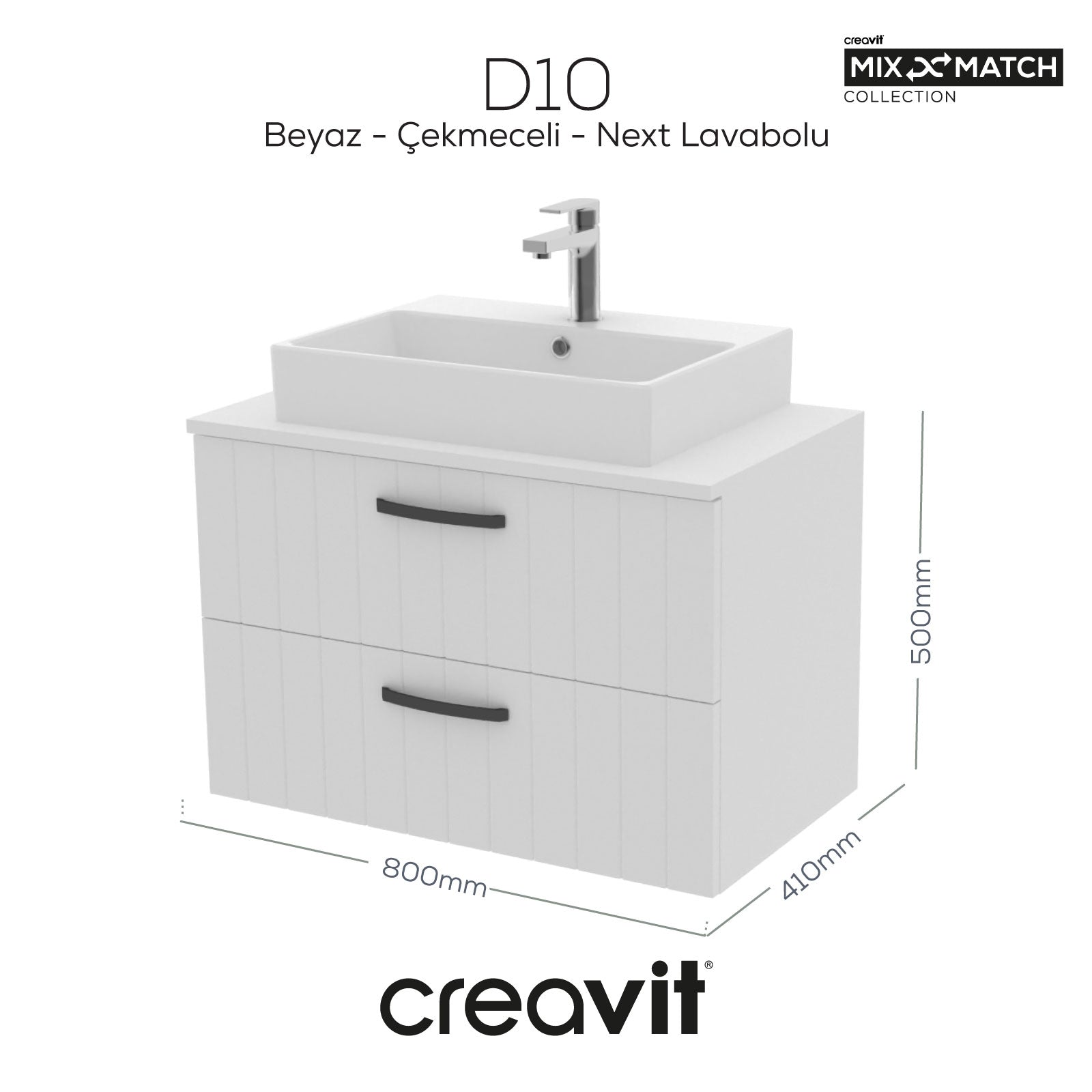 D10 Next Lavabo Dolabı İki Çekmeceli 80 cm Beyaz Lake Kapak