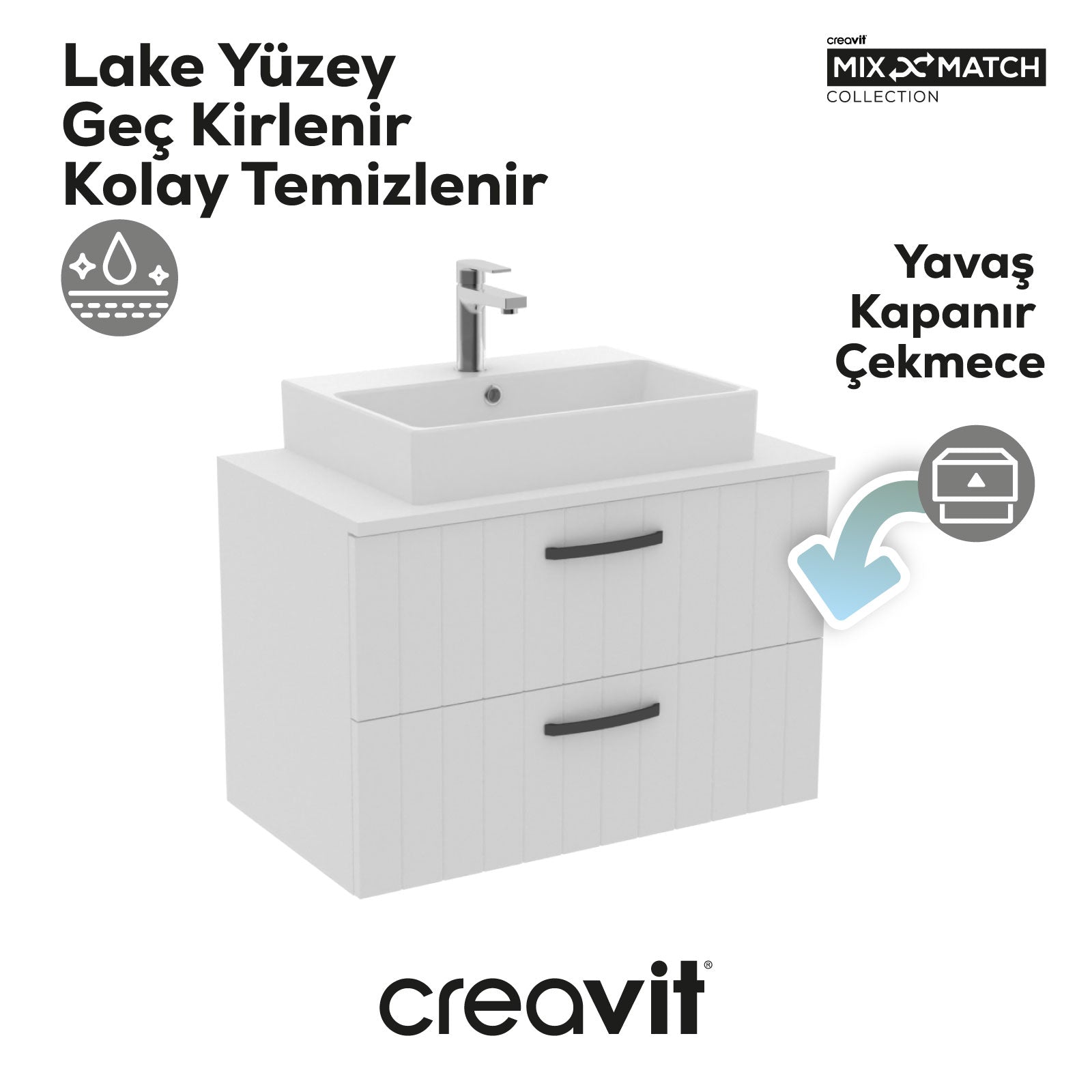 D10 Next Lavabo Dolabı İki Çekmeceli 80 cm Beyaz Lake Kapak