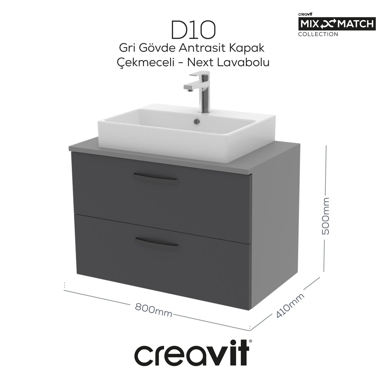 D10 Next Lavabo Dolabı İki Çekmeceli 80 cm Gri Gövde Antrasit Kapak