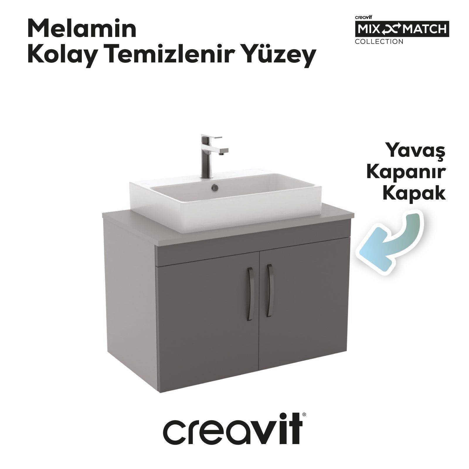 D10 Next Lavabo Dolabı Kapaklı 80 cm Gri Gövde Antrasit Kapak