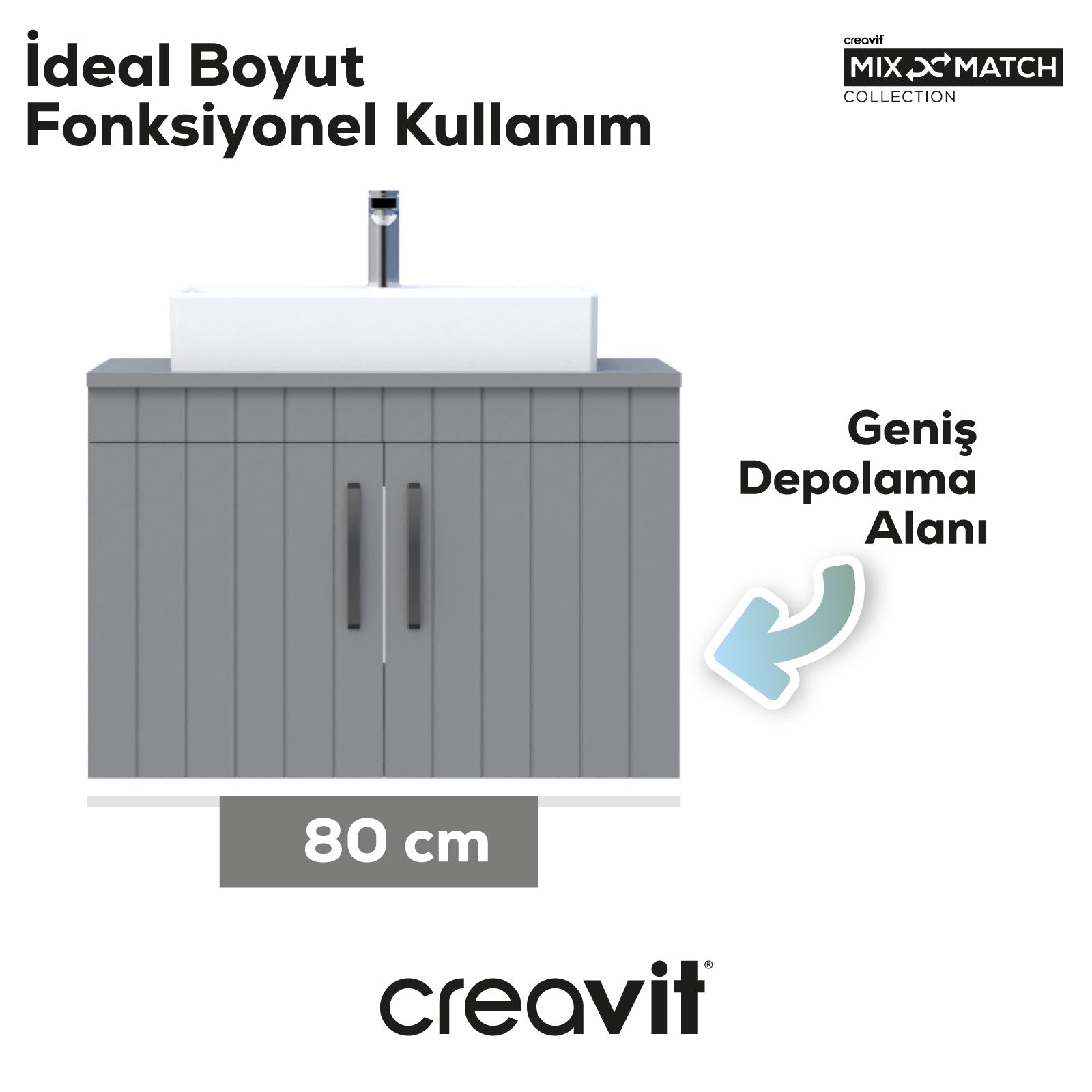 D10 Next Lavabo Dolabı Kapaklı 80 cm Gri Gövde Lake Kapak