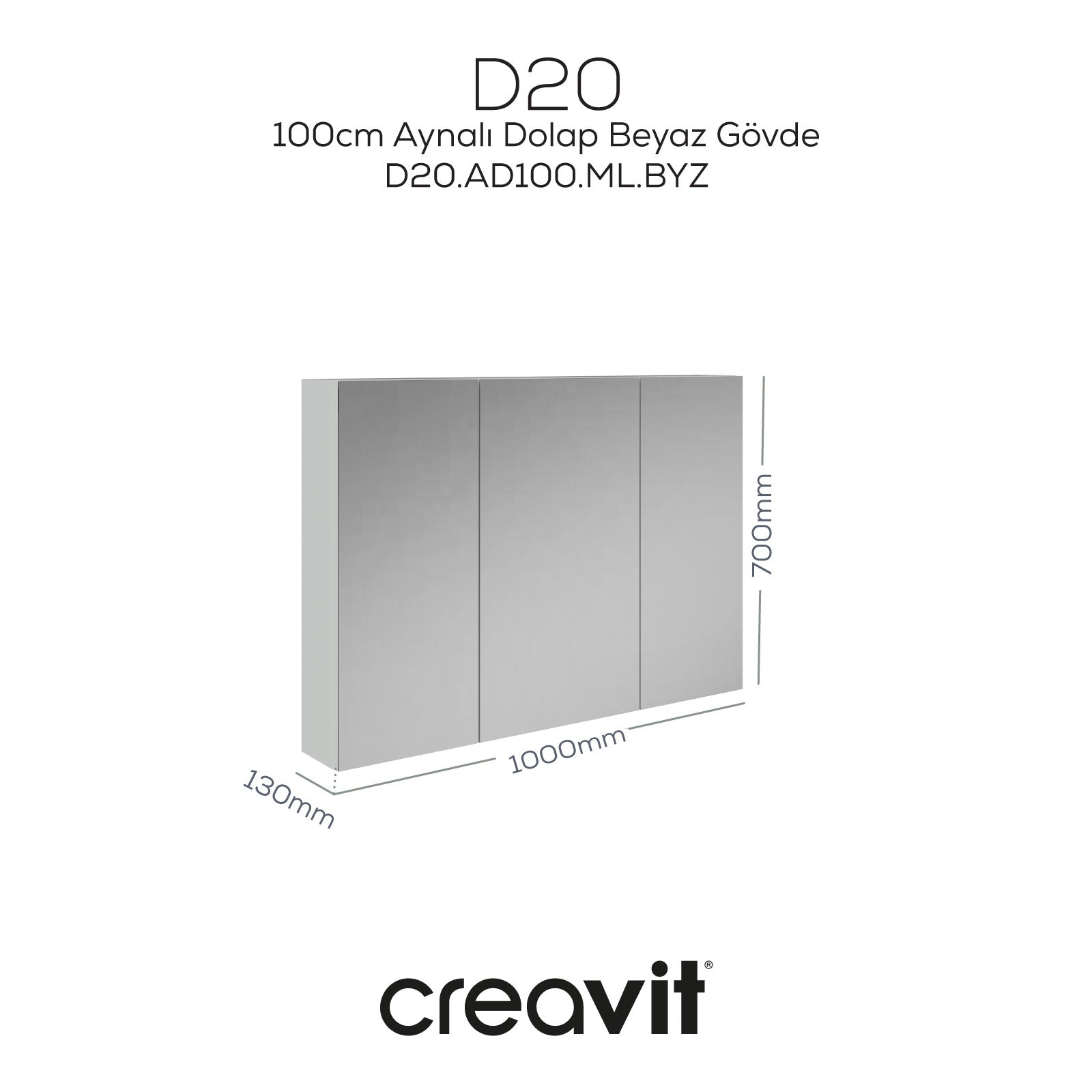 D20 100 Cm Beyaz Aynalı Dolap Melamin Gövde