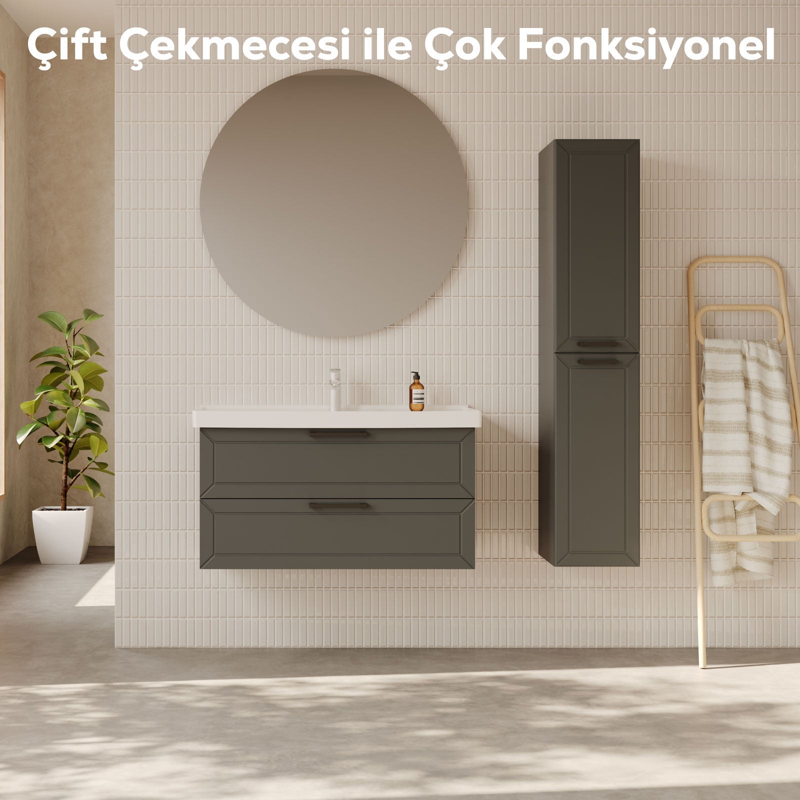 D20 100 Cm İki Çekmeceli Lavabo Dolabı Antrasit Lake Kapak