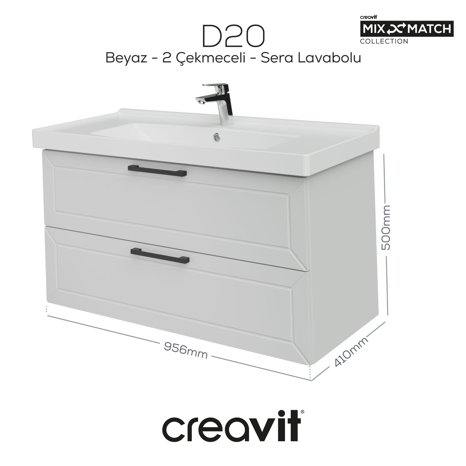 D20 100 Cm İki Çekmeceli Lavabo Dolabı Beyaz Lake Kapak
