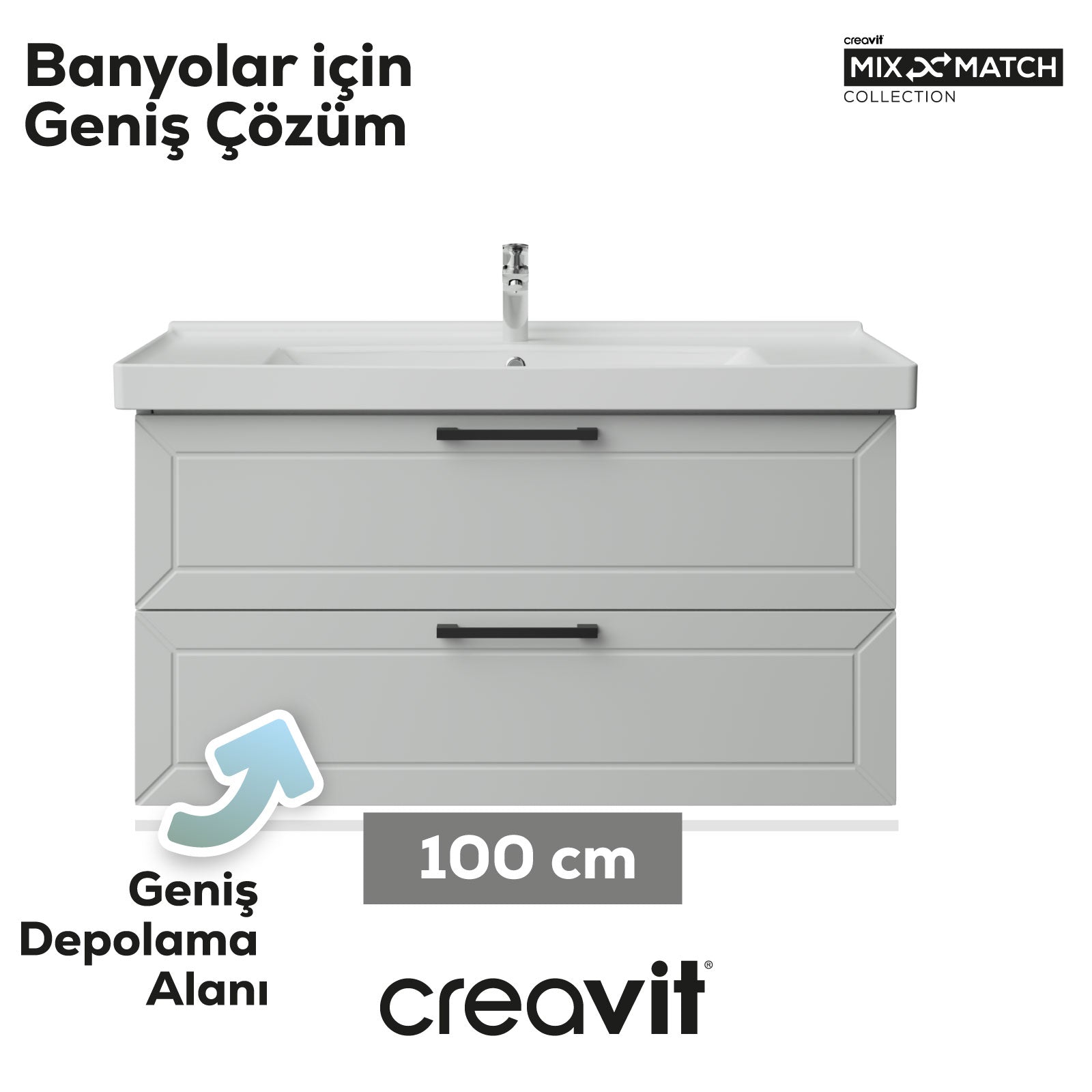 D20 100 Cm İki Çekmeceli Lavabo Dolabı Beyaz Lake Kapak