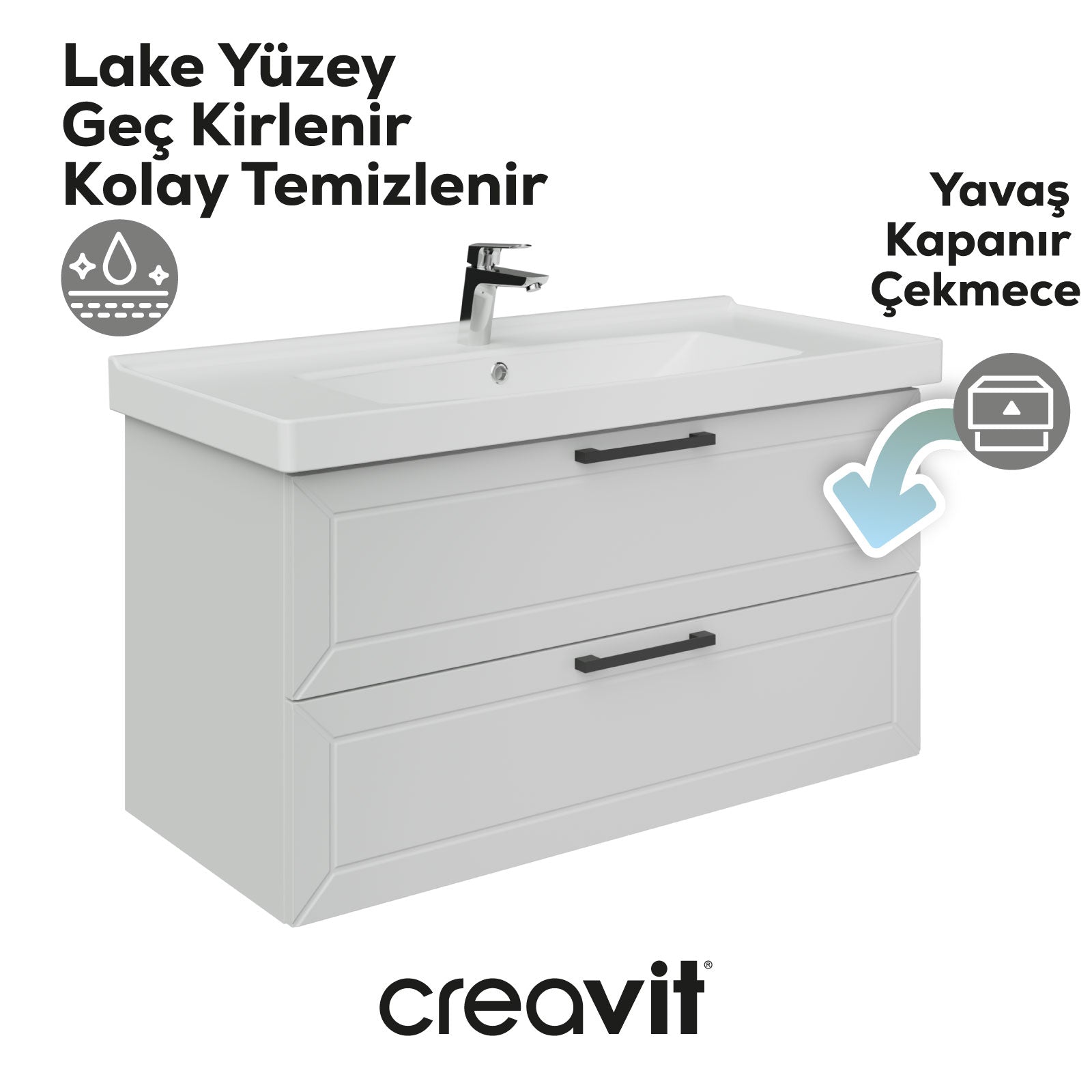 D20 100 Cm İki Çekmeceli Lavabo Dolabı Beyaz Lake Kapak