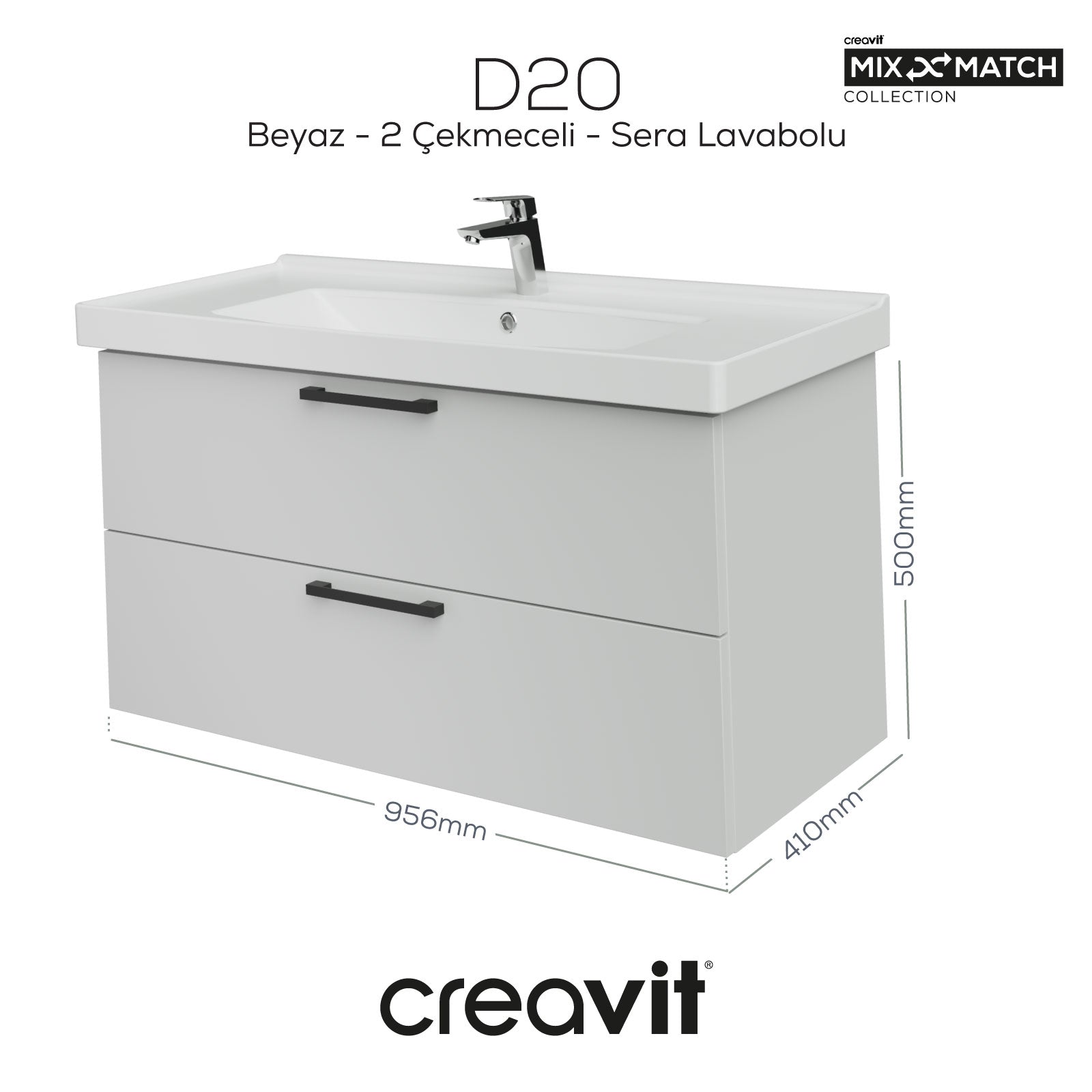D20 100 Cm İki Çekmeceli Lavabo Dolabı Beyaz Melamin Kapak (Demonte)